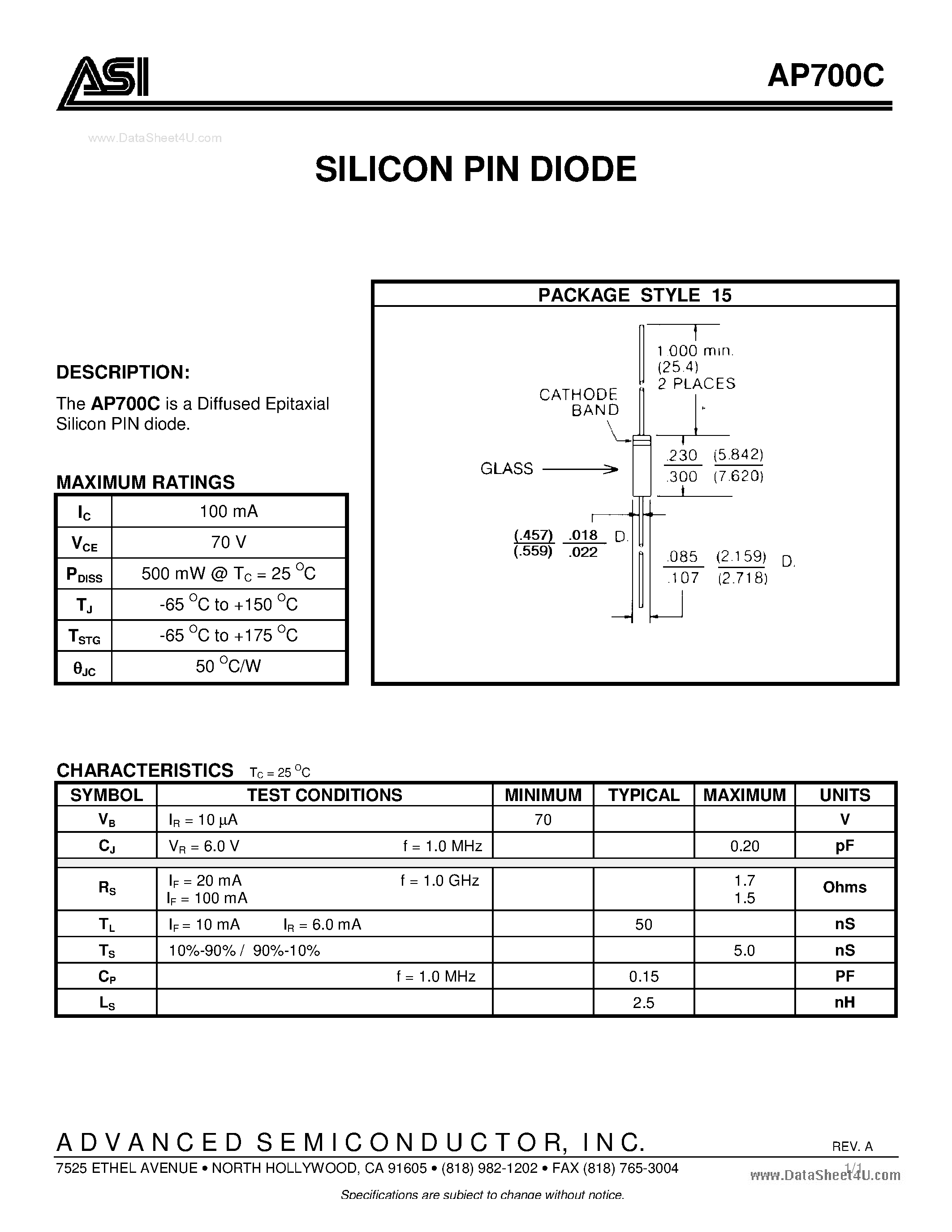 Datasheet AP700C - SILICON PIN DIODE page 1