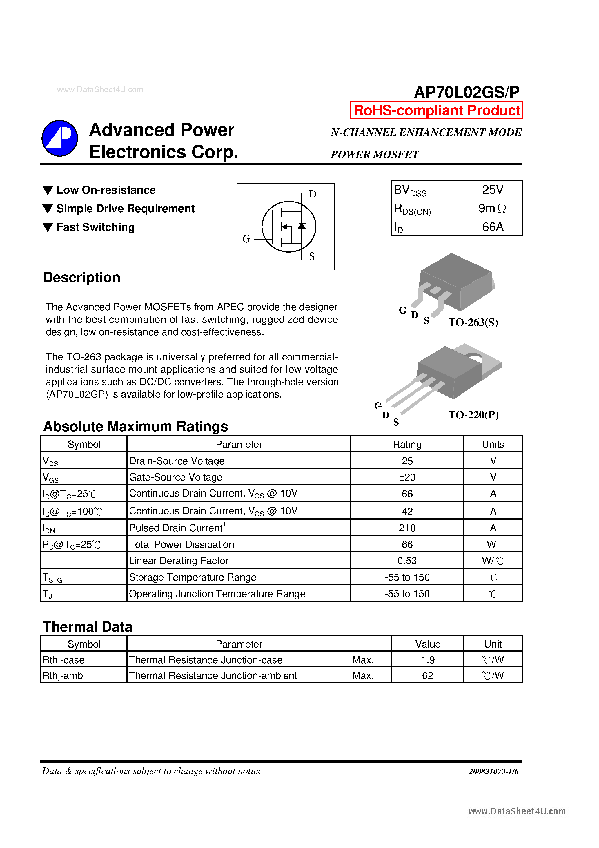 Datasheet AP70L02GP - N-CHANNEL ENHANCEMENT MODE POWER MOSFET page 1