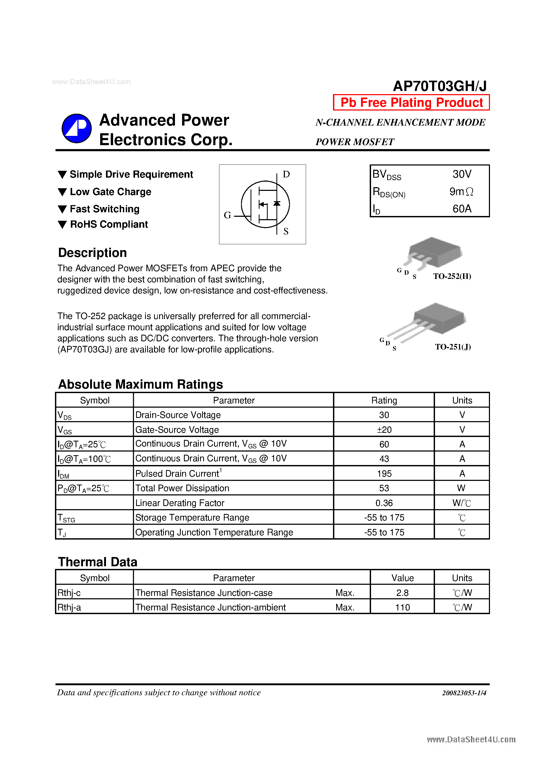 Datasheet AP70T03GH - N-CHANNEL ENHANCEMENT MODE POWER MOSFET page 1