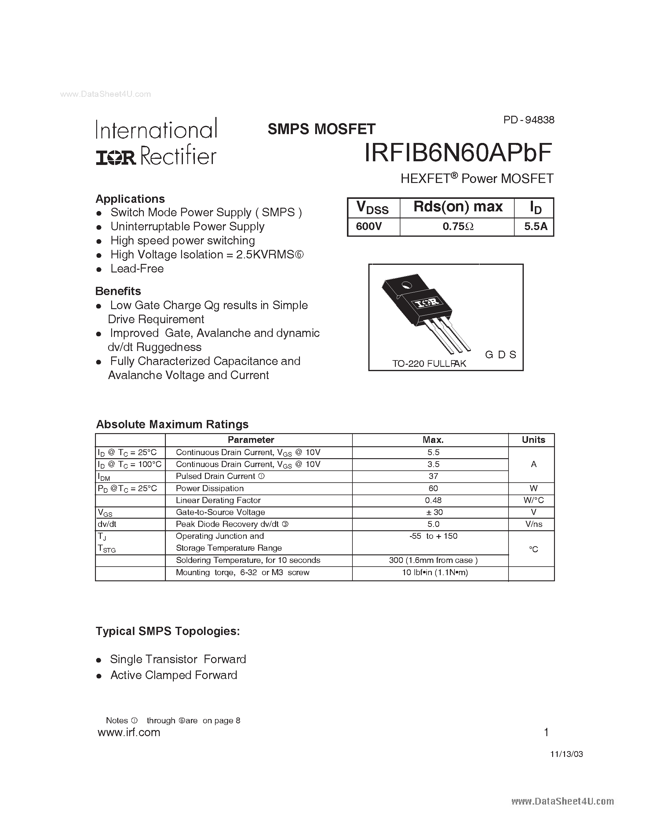 Datasheet IRFIB6N60APBF - Power MOSFET page 1