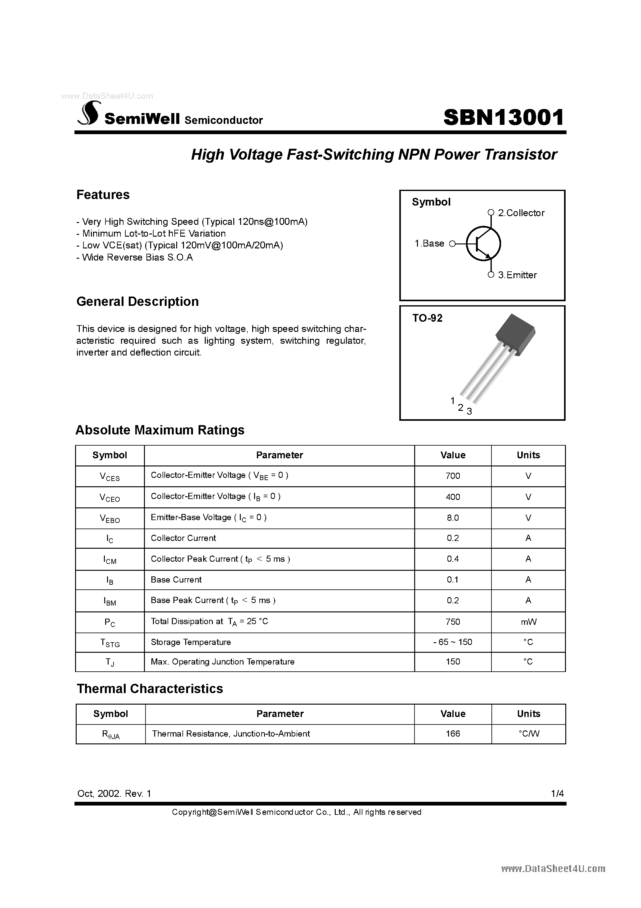 Datasheet SBN13001 page 1 Datasheet SBN13001 - High Voltage Fast-Switching NPN Power Transistor page 1