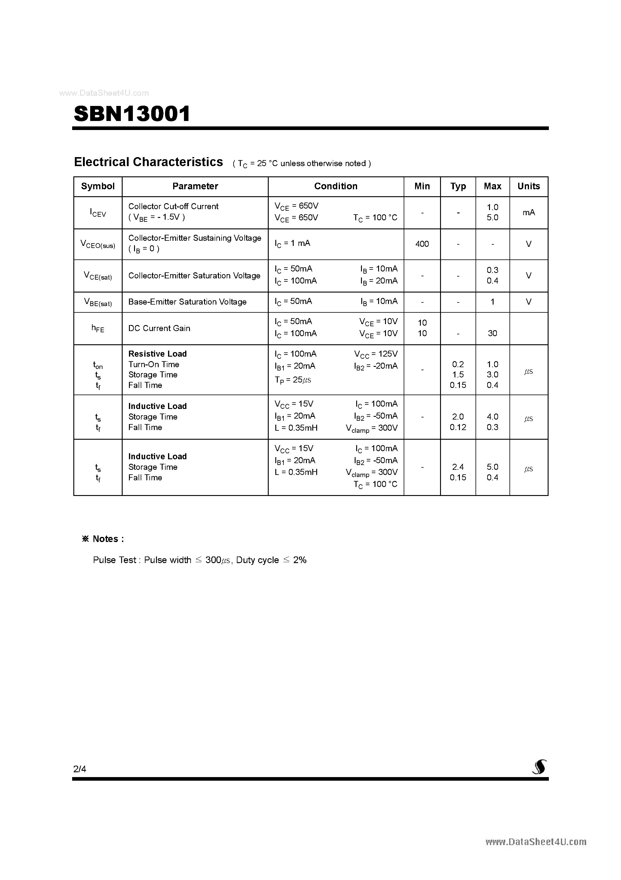 Datasheet SBN13001 page 2 Datasheet SBN13001 - High Voltage Fast-Switching NPN Power Transistor page 2