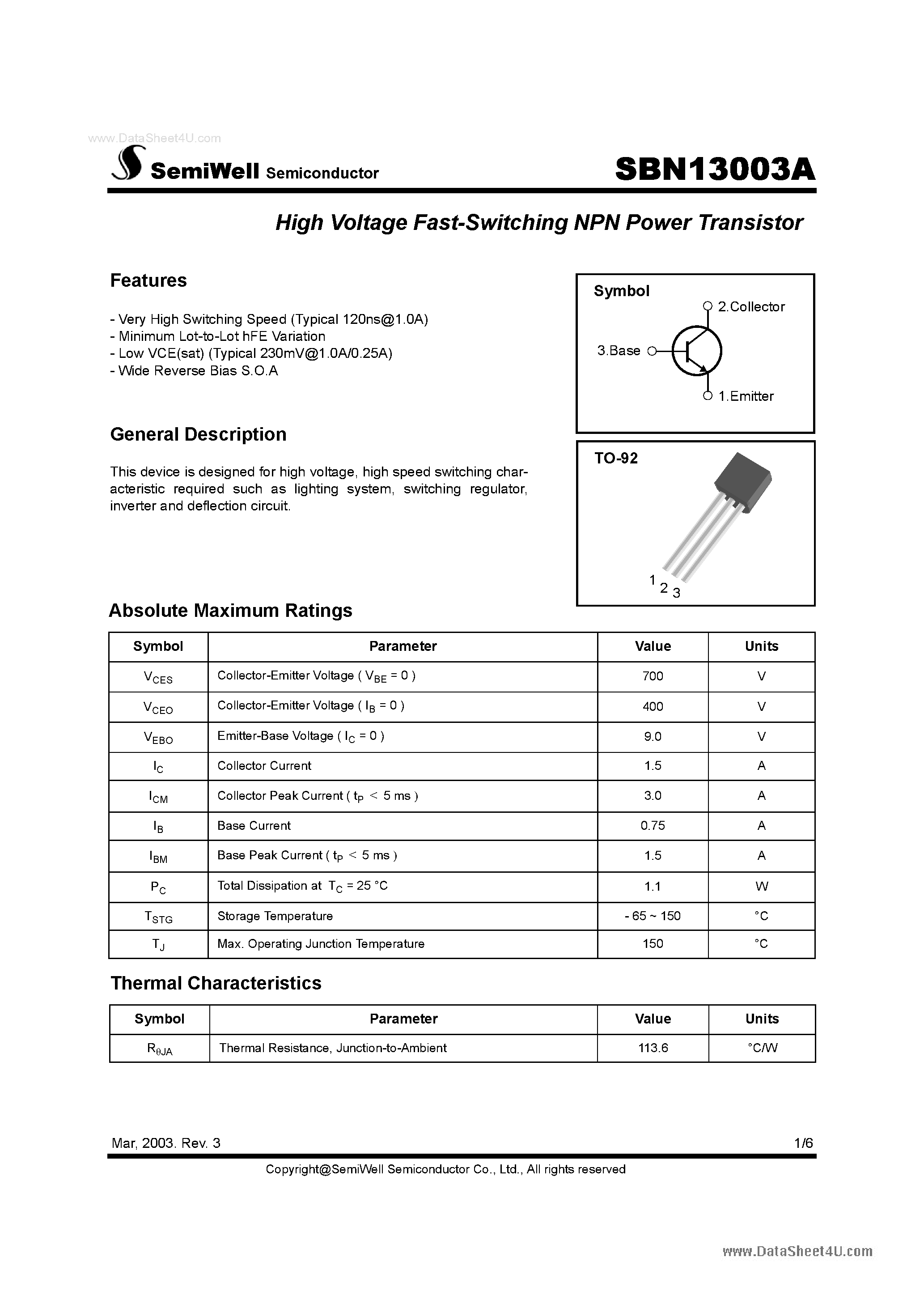 Datasheet SBN13003A page 1 Datasheet SBN13003A - High Voltage Fast-Switching NPN Power Transistor page 1