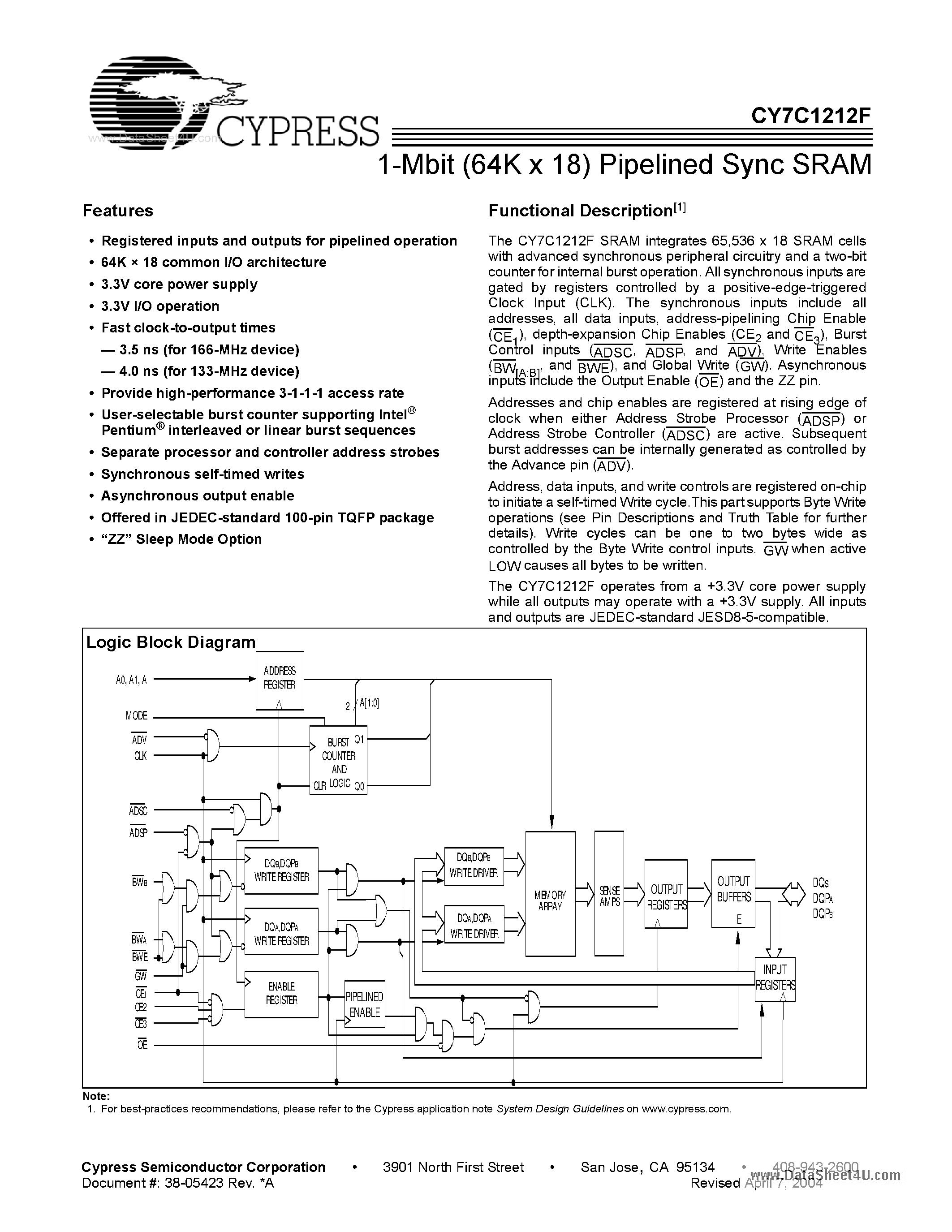 Даташит на микросхему CY7C1212F страница 1 Даташит CY7C1212F - 1-Mbit (64K x 18) Pipelined Sync SRAM страница 1