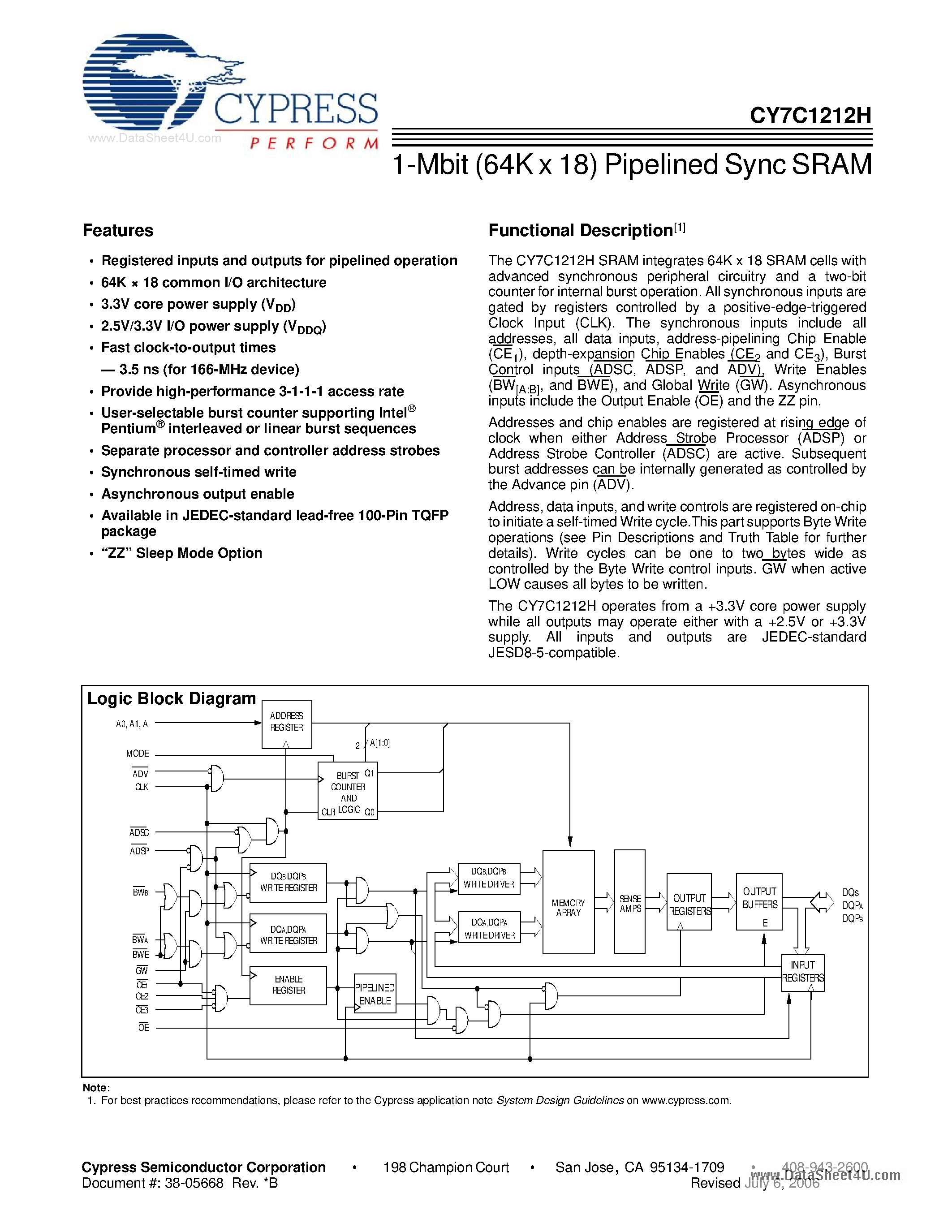 Даташит на микросхему CY7C1212H страница 1 Даташит CY7C1212H - 1-Mbit (64K x 18) Pipelined Sync SRAM страница 1