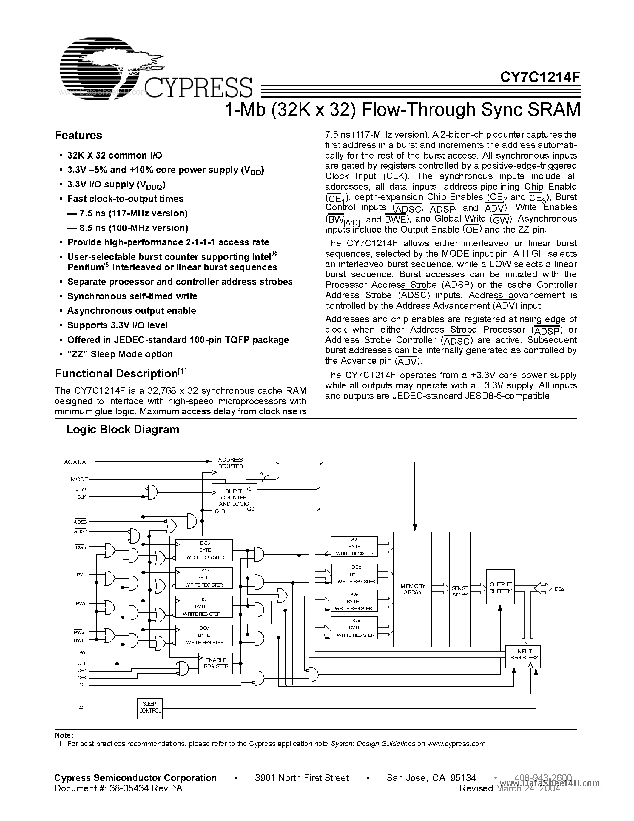 Даташит на микросхему CY7C1214F страница 1 Даташит CY7C1214F - 1-Mb (32K x 32) Flow-Through Sync SRAM страница 1