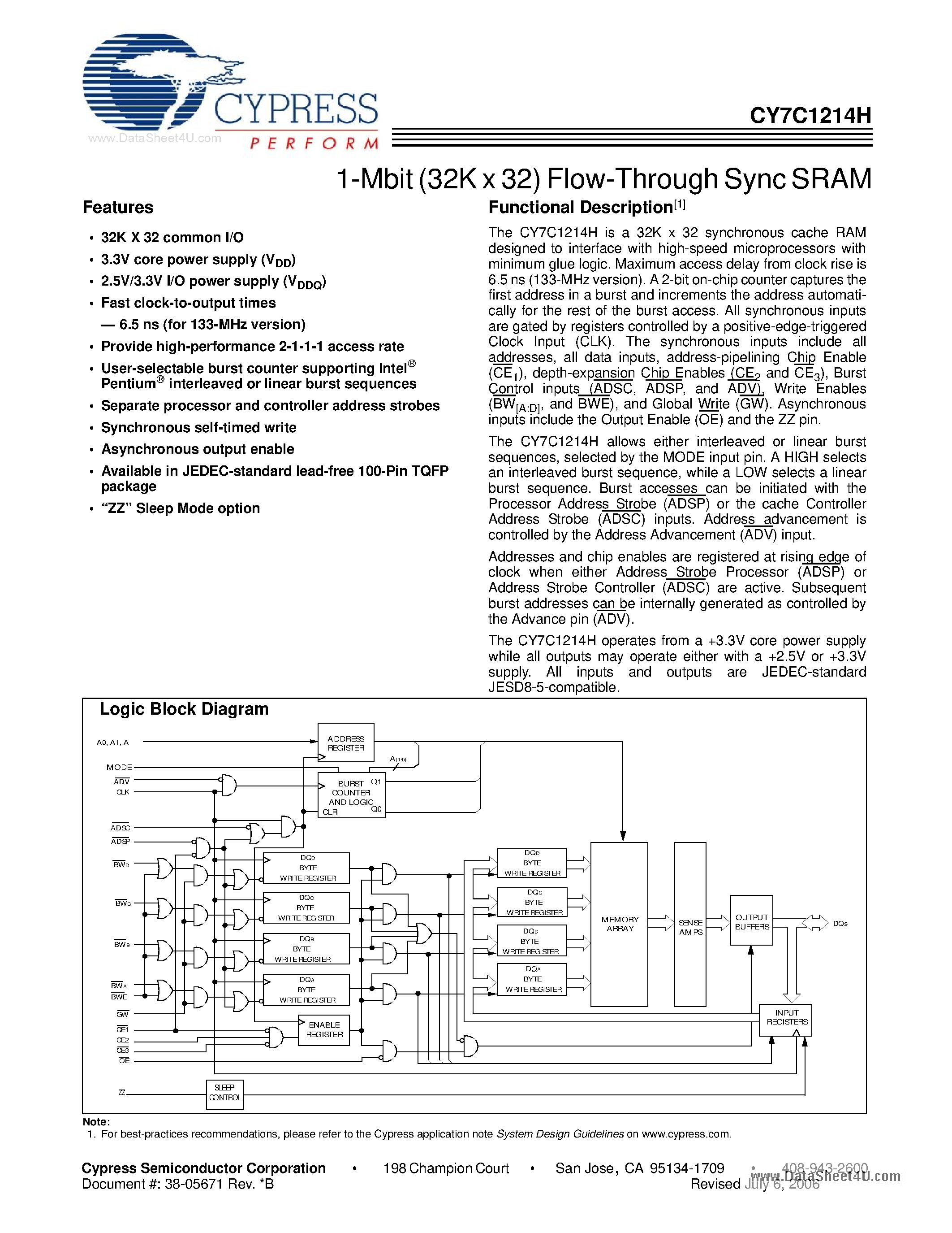 Даташит на микросхему CY7C1214H страница 1 Даташит CY7C1214H - 1-Mbit (32K x 32) Flow-Through Sync SRAM страница 1