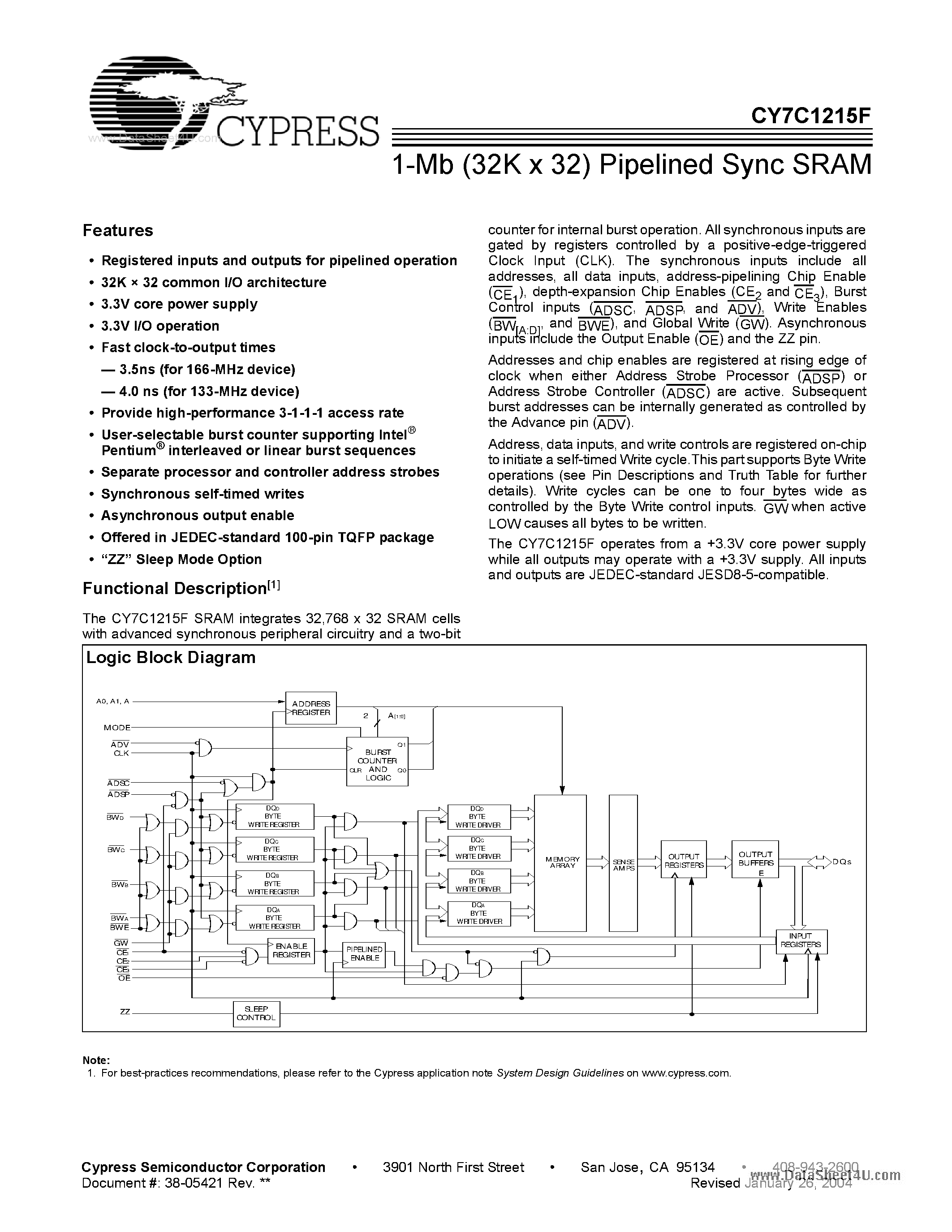 Даташит на микросхему CY7C1215F страница 1 Даташит CY7C1215F - 1-Mb (32K x 32) Pipelined Sync SRAM страница 1