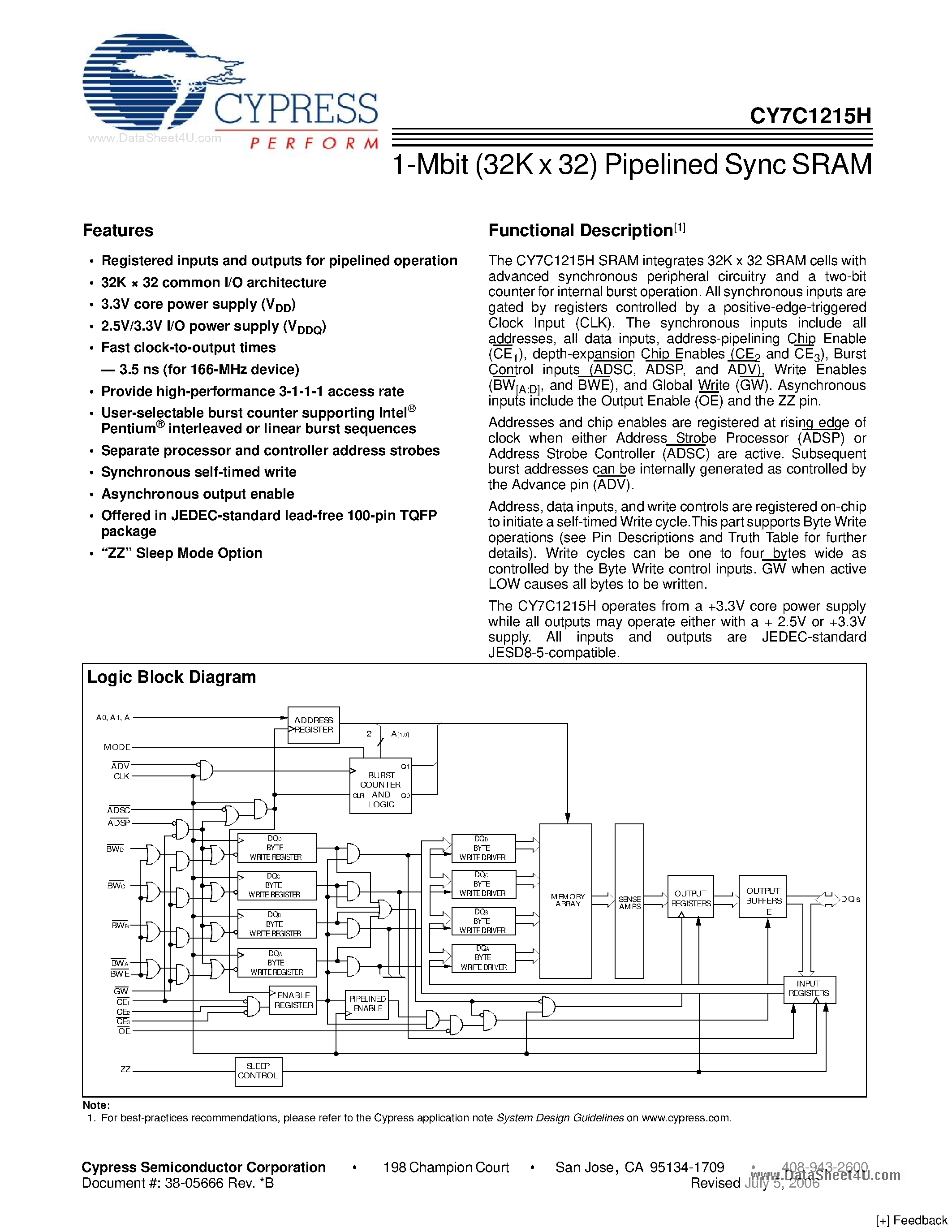 Даташит на микросхему CY7C1215H страница 1 Даташит CY7C1215H - 1-Mbit (32K x 32) Pipelined Sync SRAM страница 1