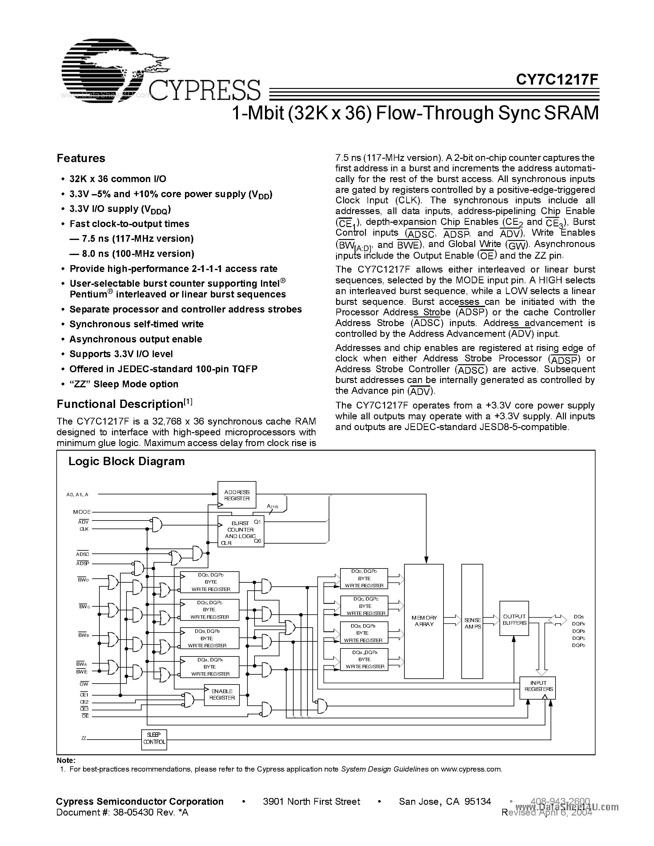 Даташит на микросхему CY7C1217F страница 1 Даташит CY7C1217F - 1-Mbit (32K x 36) Flow-Through Sync SRAM страница 1