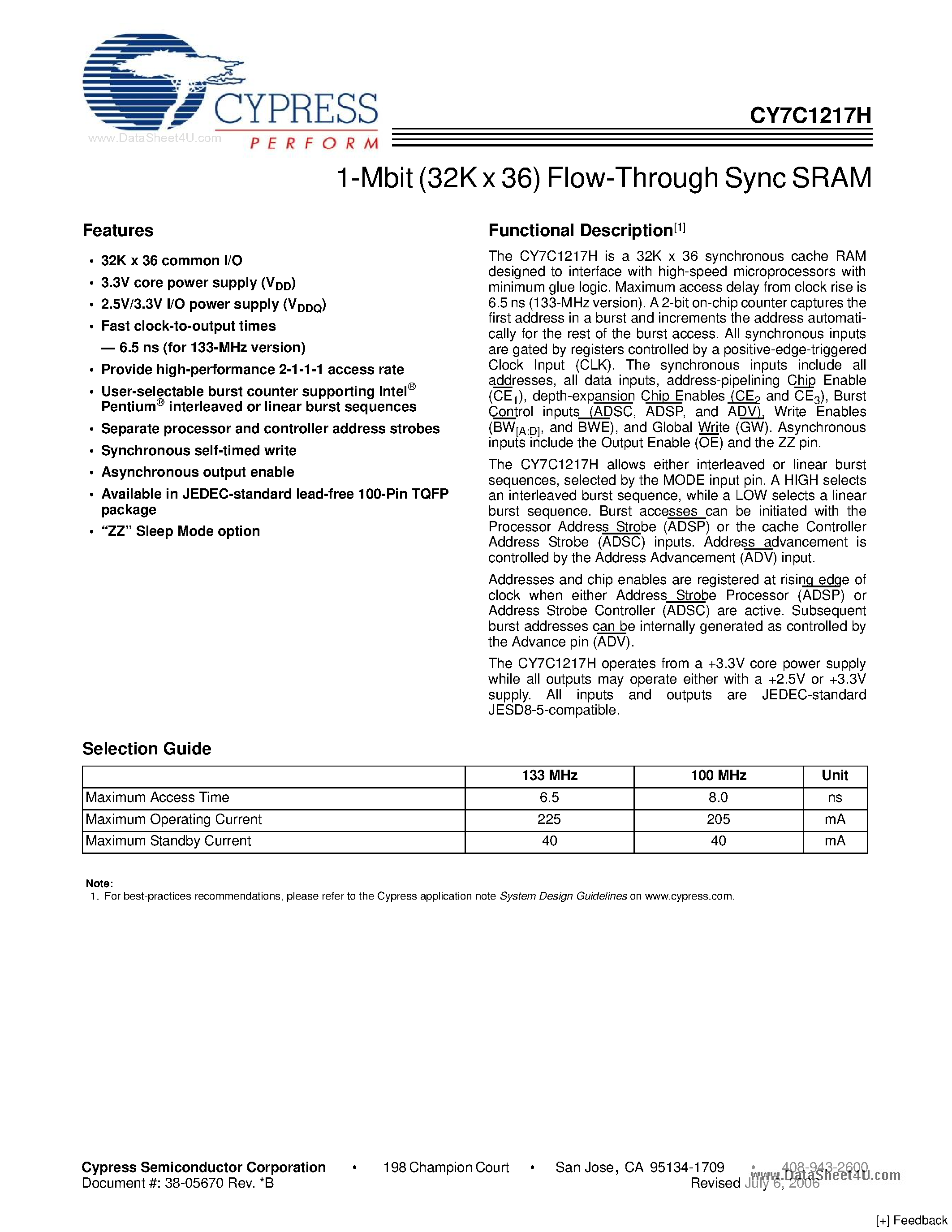 Даташит на микросхему CY7C1217H страница 1 Даташит CY7C1217H - 1-Mbit (32K x 36) Flow-Through Sync SRAM страница 1