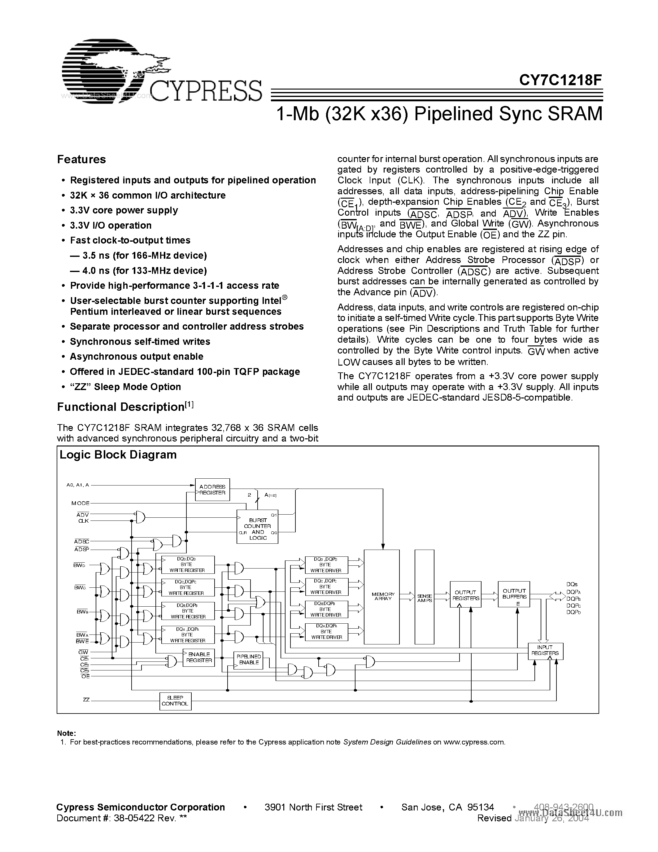 Даташит CY7C1218F - 1-Mb (32K x36) Pipelined Sync SRAM страница 1