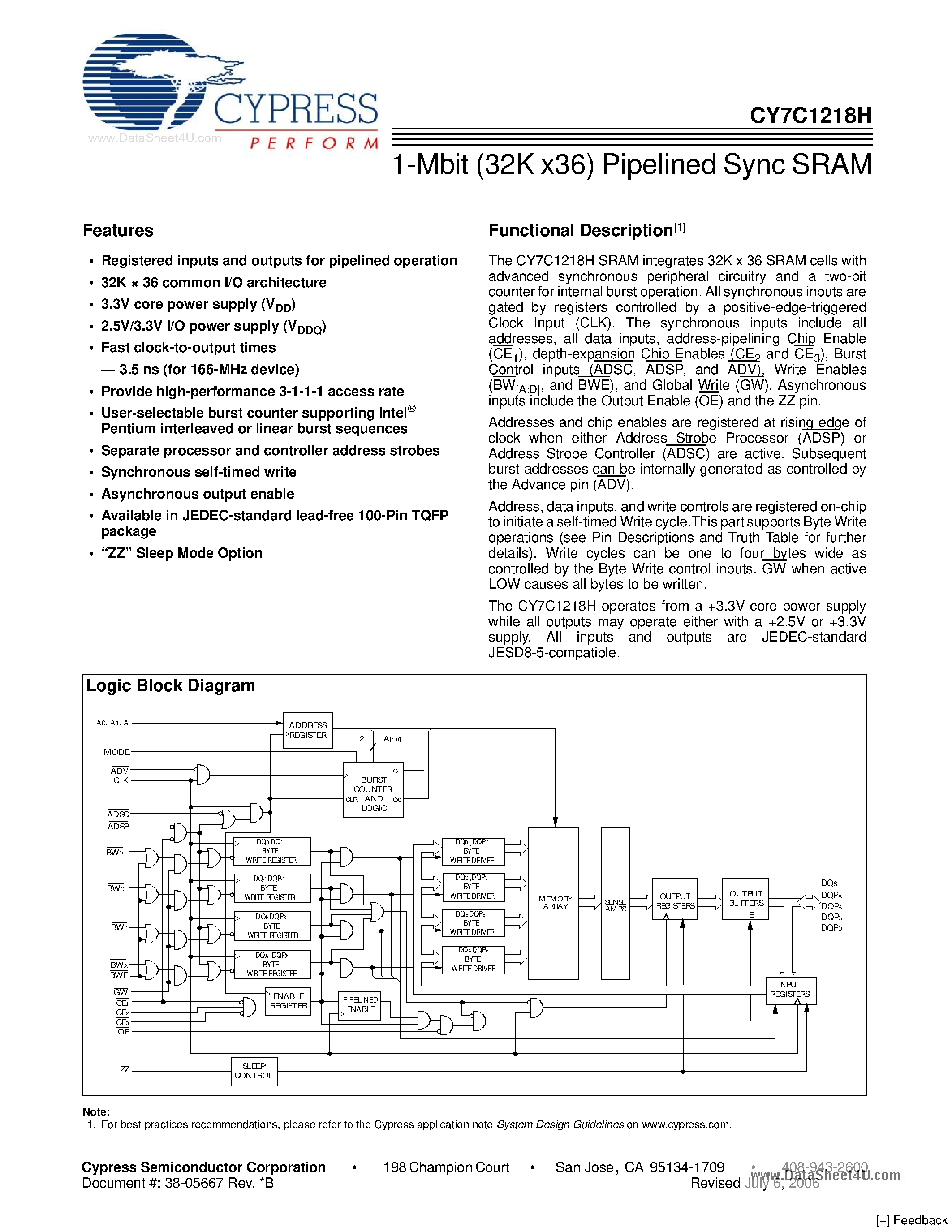 Даташит CY7C1218H - 1-Mbit (32K x36) Pipelined Sync SRAM страница 1