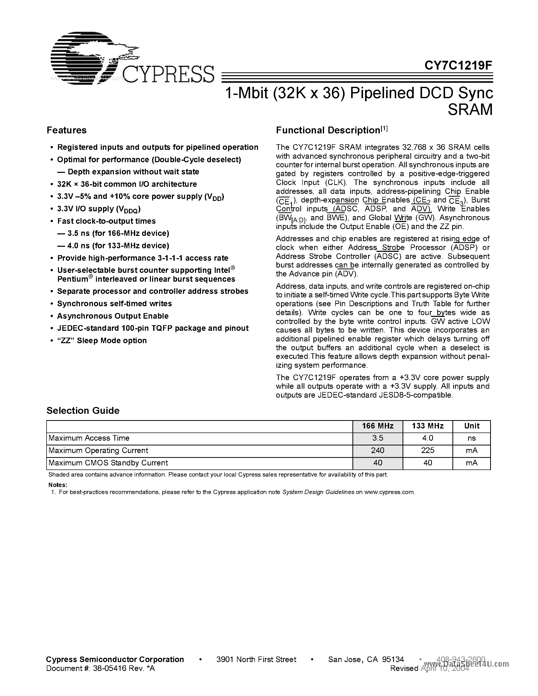 Даташит на микросхему CY7C1219F страница 1 Даташит CY7C1219F - 1-Mbit (32K x 36) Pipelined DCD Sync SRAM страница 1