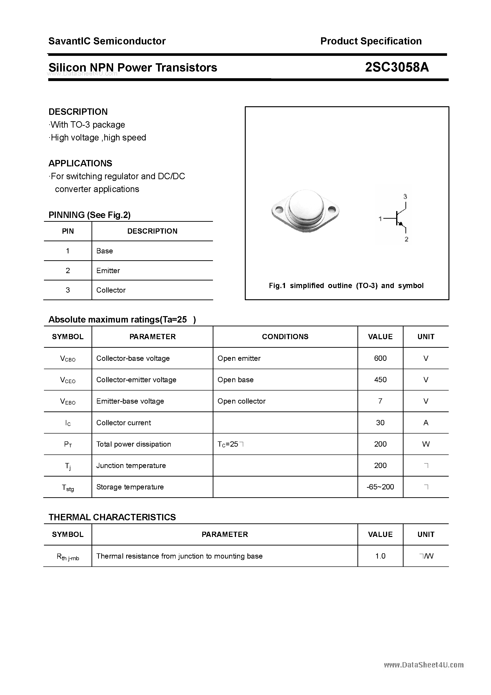 Даташит 2SC3058A - SILICON POWER TRANSISTOR страница 1