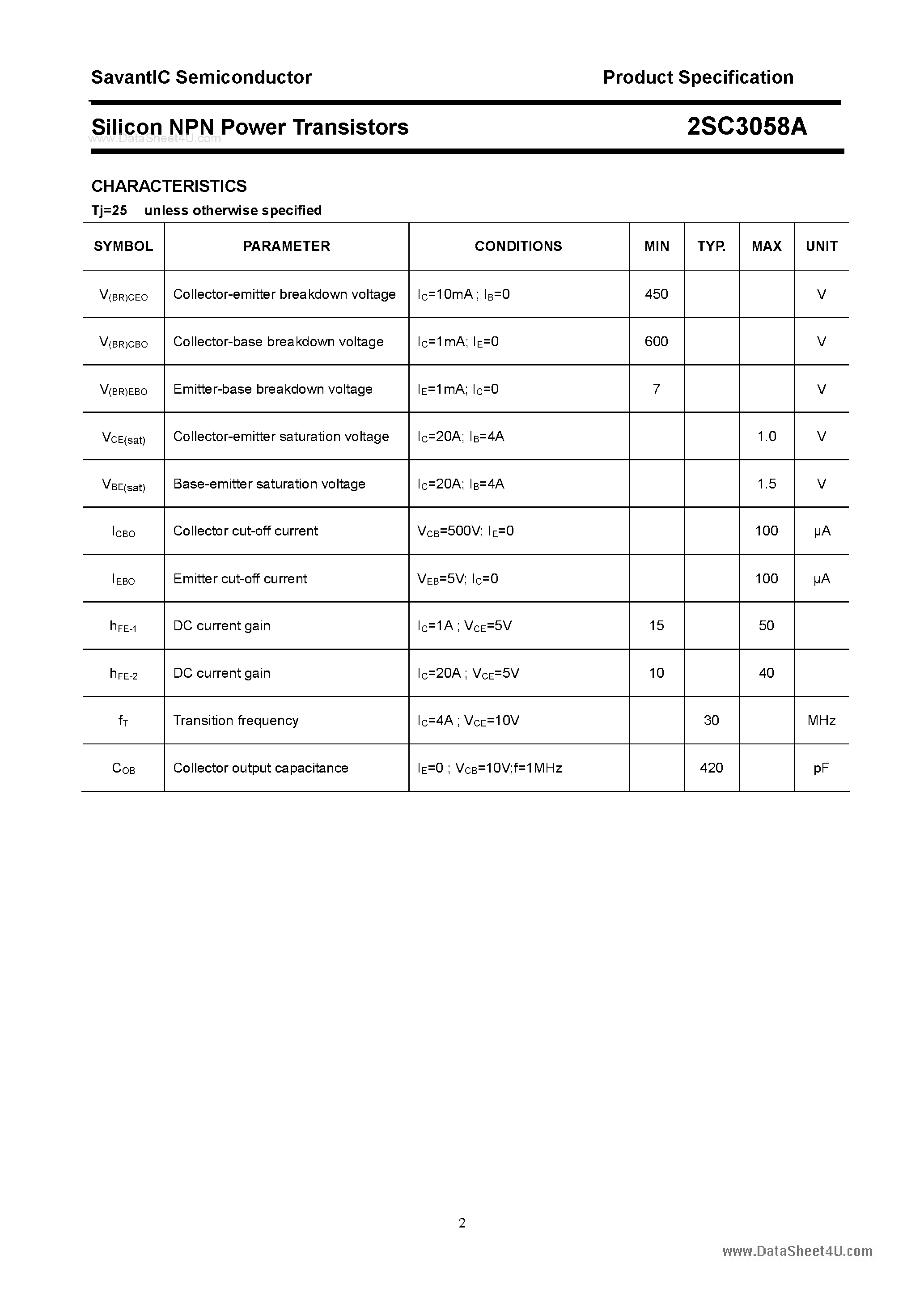 Даташит 2SC3058A - SILICON POWER TRANSISTOR страница 2
