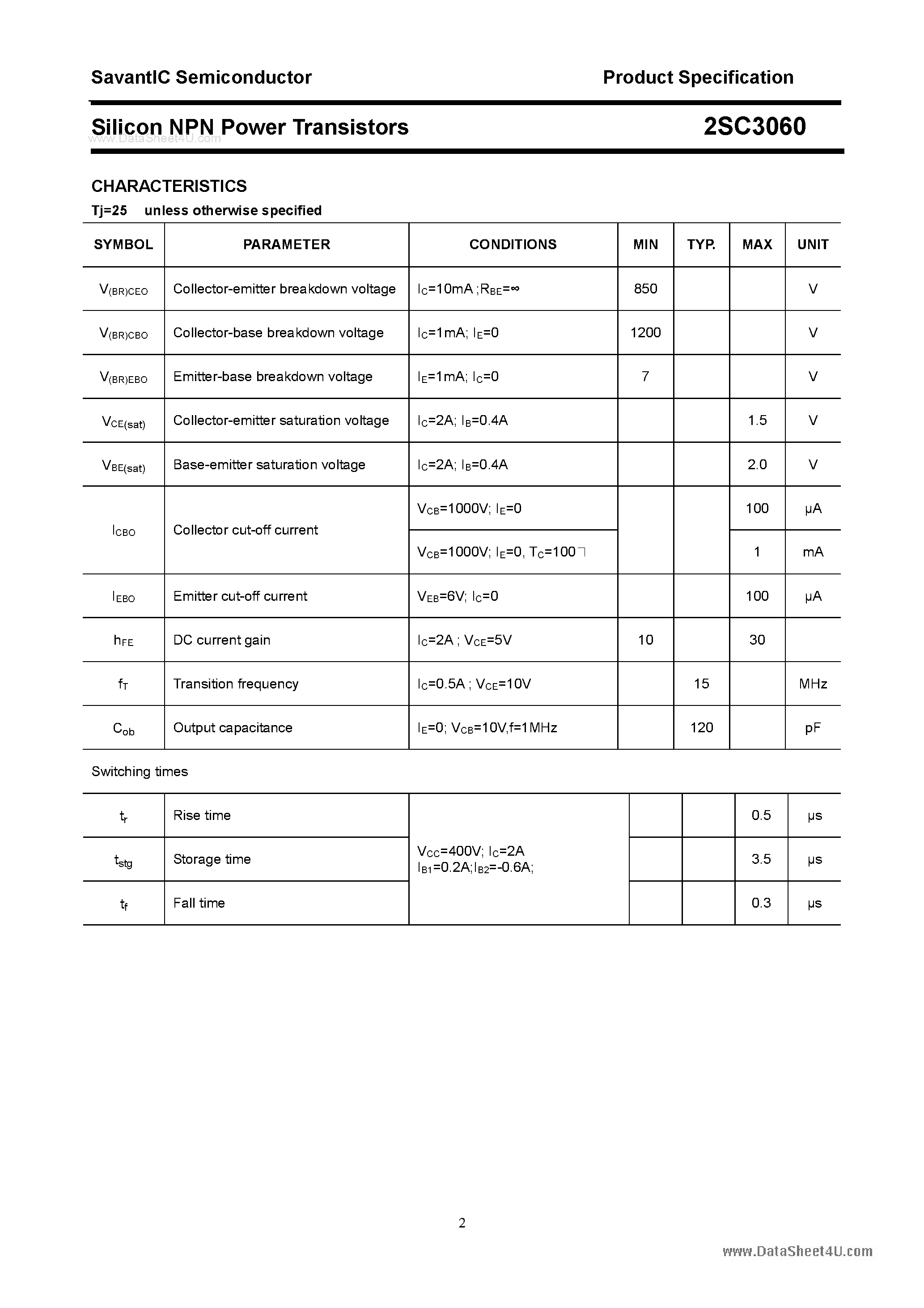 Datasheet 2SC3060 page 2 Datasheet 2SC3060 - SILICON POWER TRANSISTOR page 2