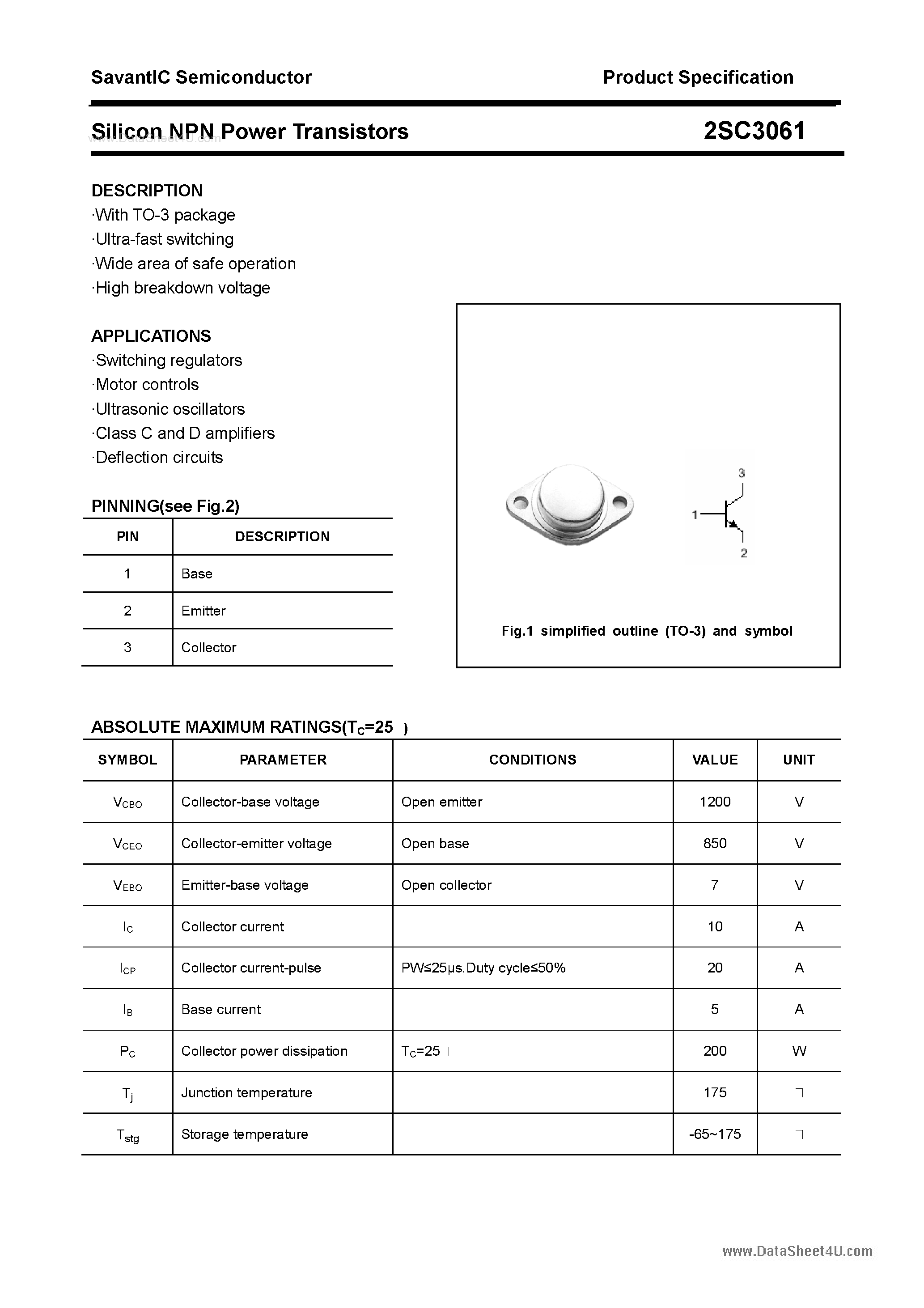 Datasheet 2SC3061 - SILICON POWER TRANSISTOR page 1