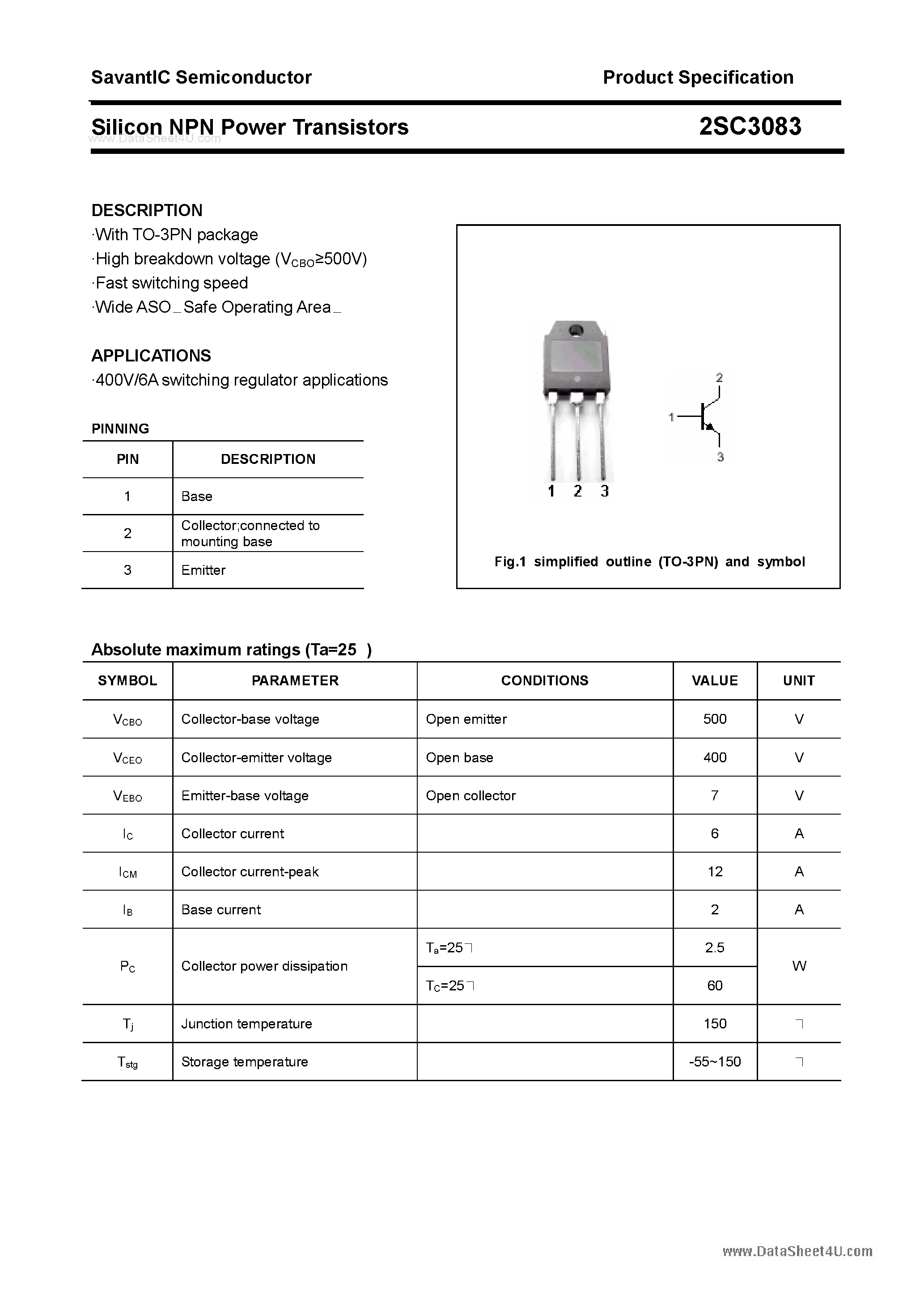 Datasheet 2SC3083 page 1 Datasheet 2SC3083 - SILICON POWER TRANSISTOR page 1