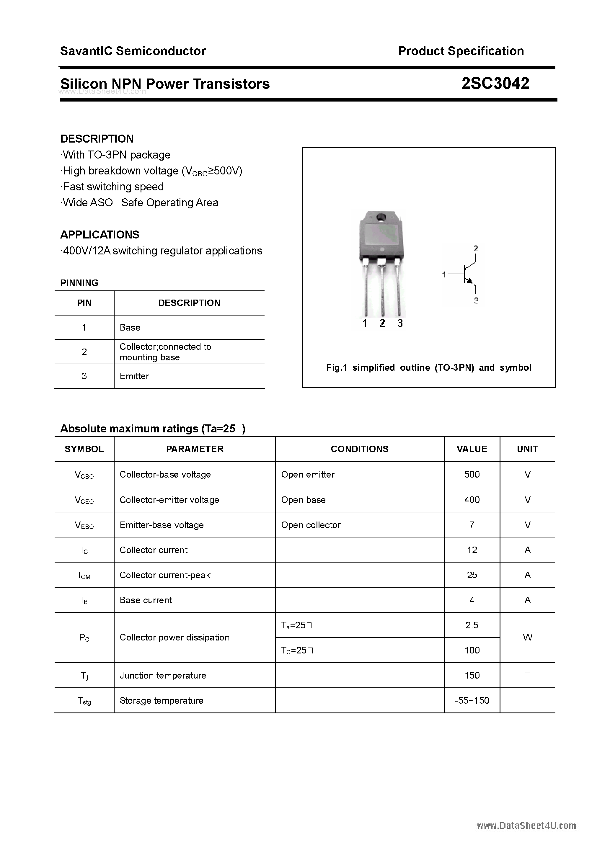 Datasheet 2SC3042 - SILICON POWER TRANSISTOR page 1