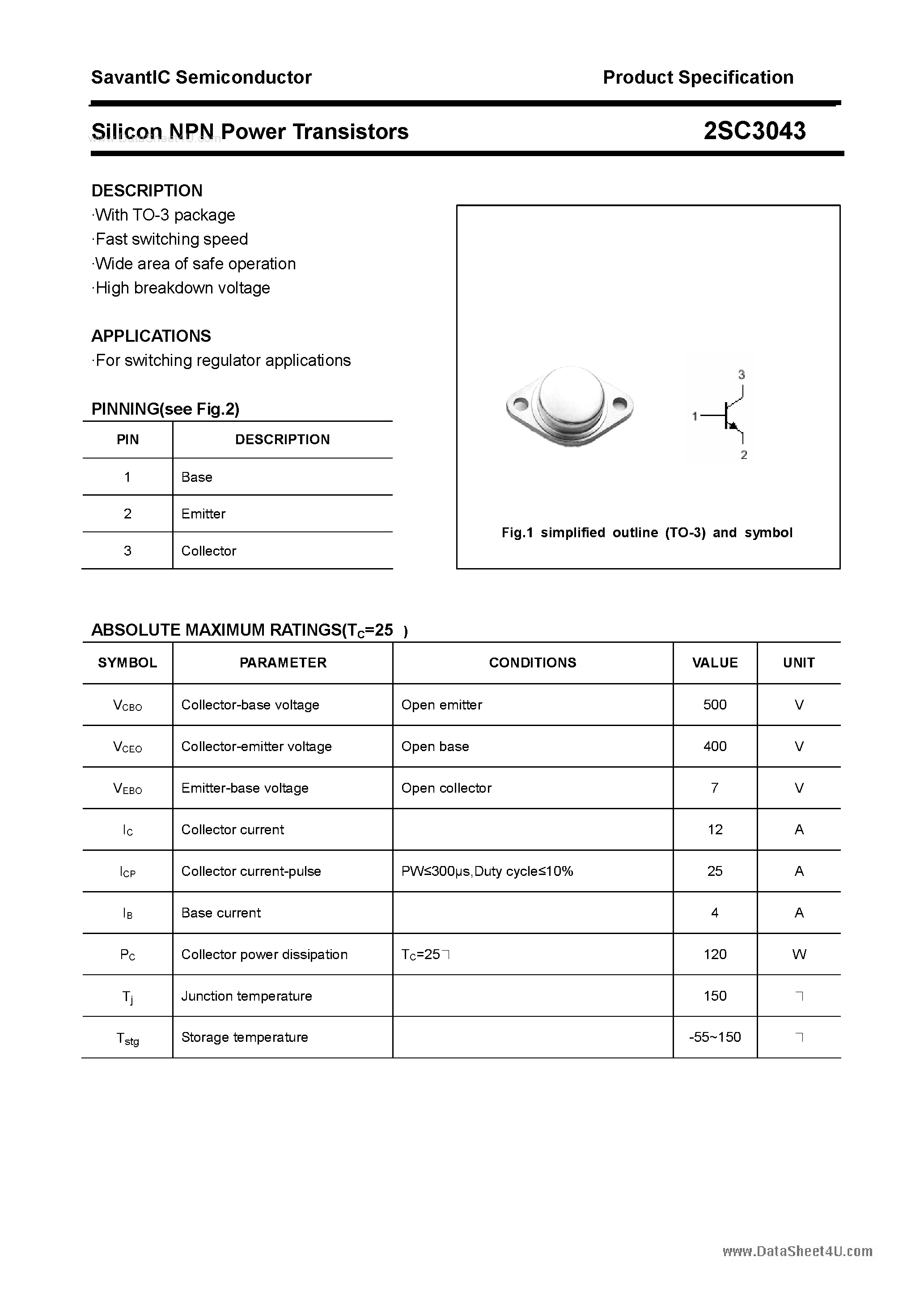 Даташит 2SC3043 - SILICON POWER TRANSISTOR страница 1