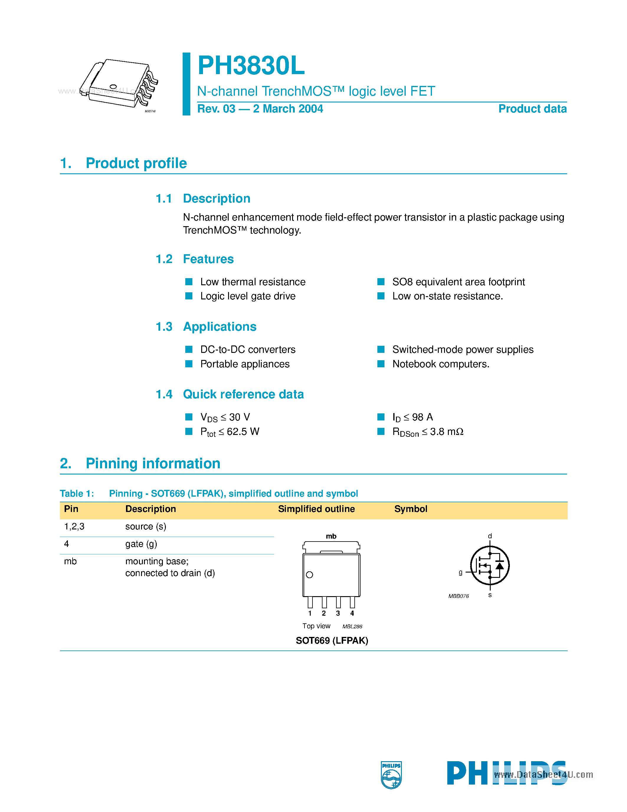Datasheet PH3830L - N-channel TrenchMOS logic level FET page 1
