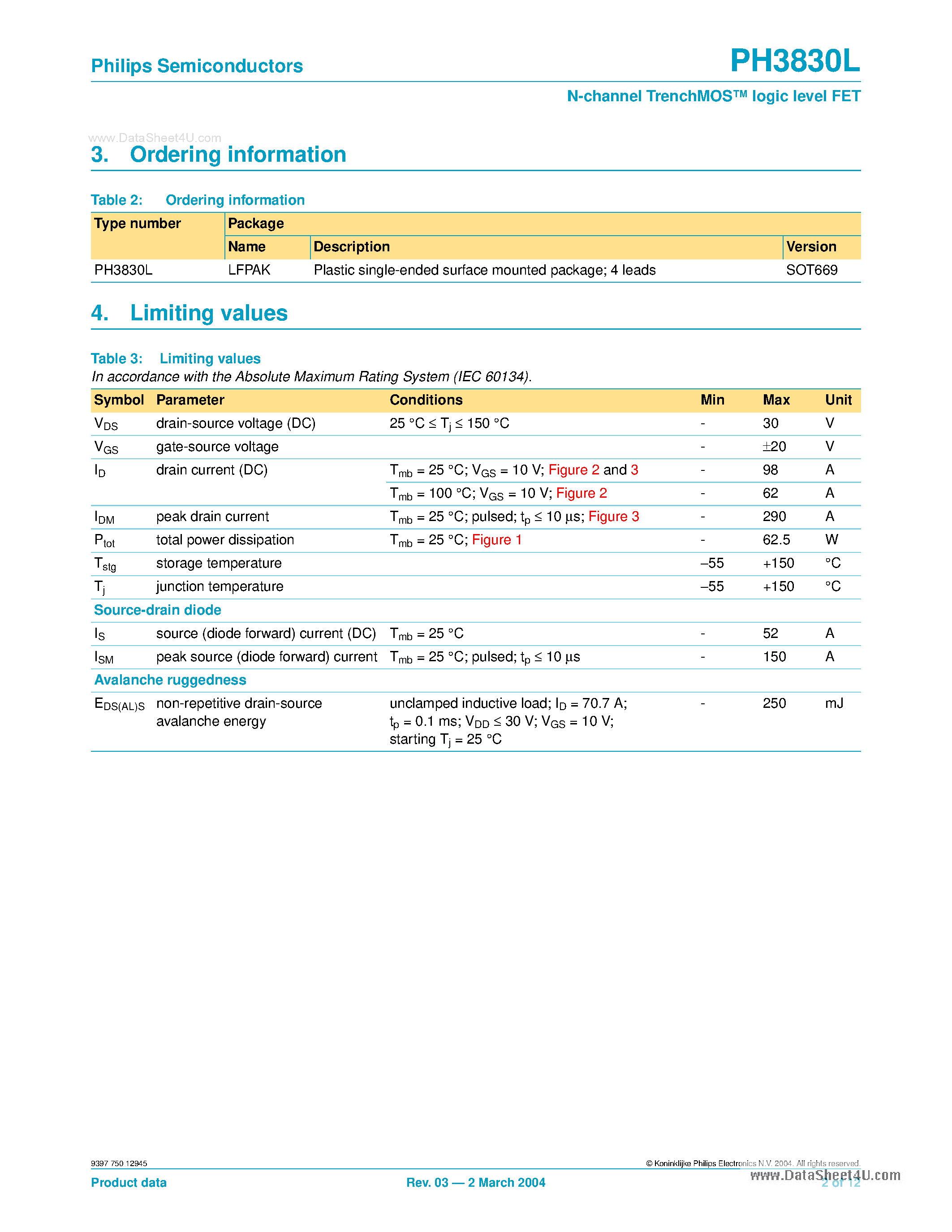 Datasheet PH3830L - N-channel TrenchMOS logic level FET page 2