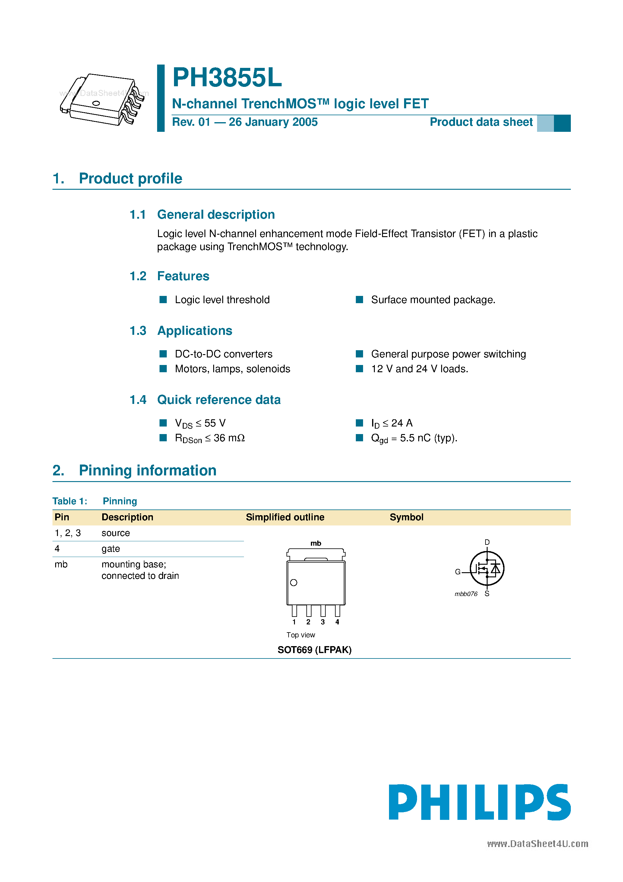 Datasheet PH3855L - N-channel TrenchMOS logic level FET page 1