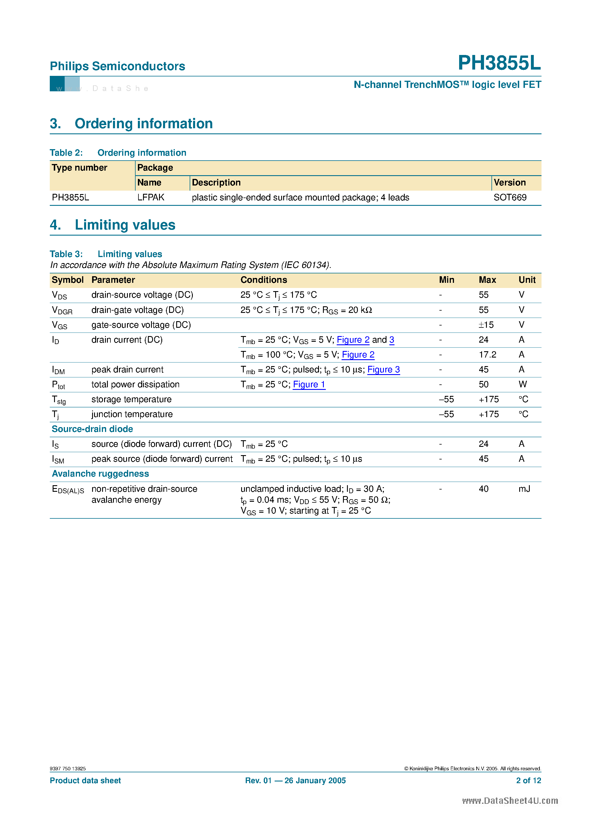 Datasheet PH3855L - N-channel TrenchMOS logic level FET page 2