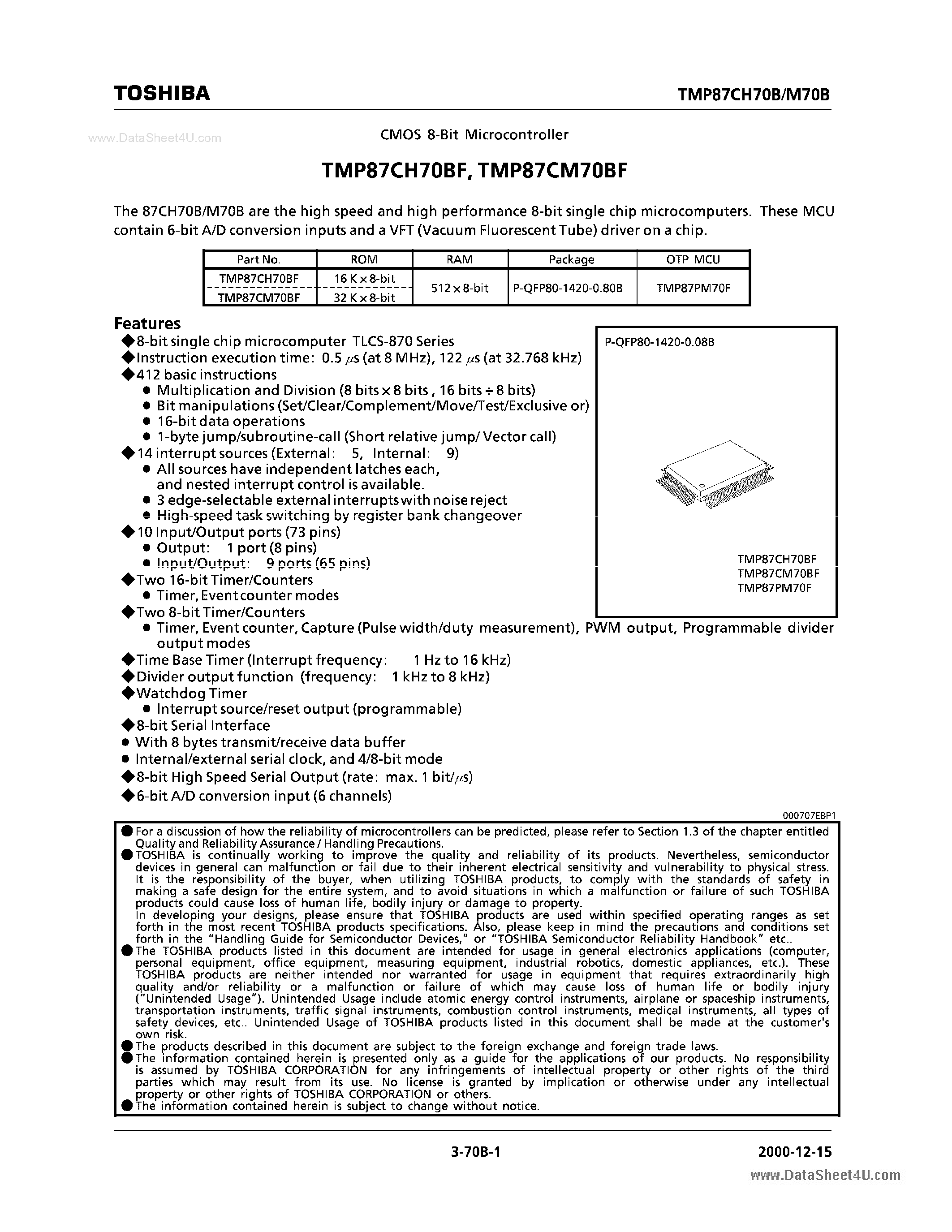 Даташит TMP87CH70BF - CMOS 8-BIT MICROCONTROLLER страница 1