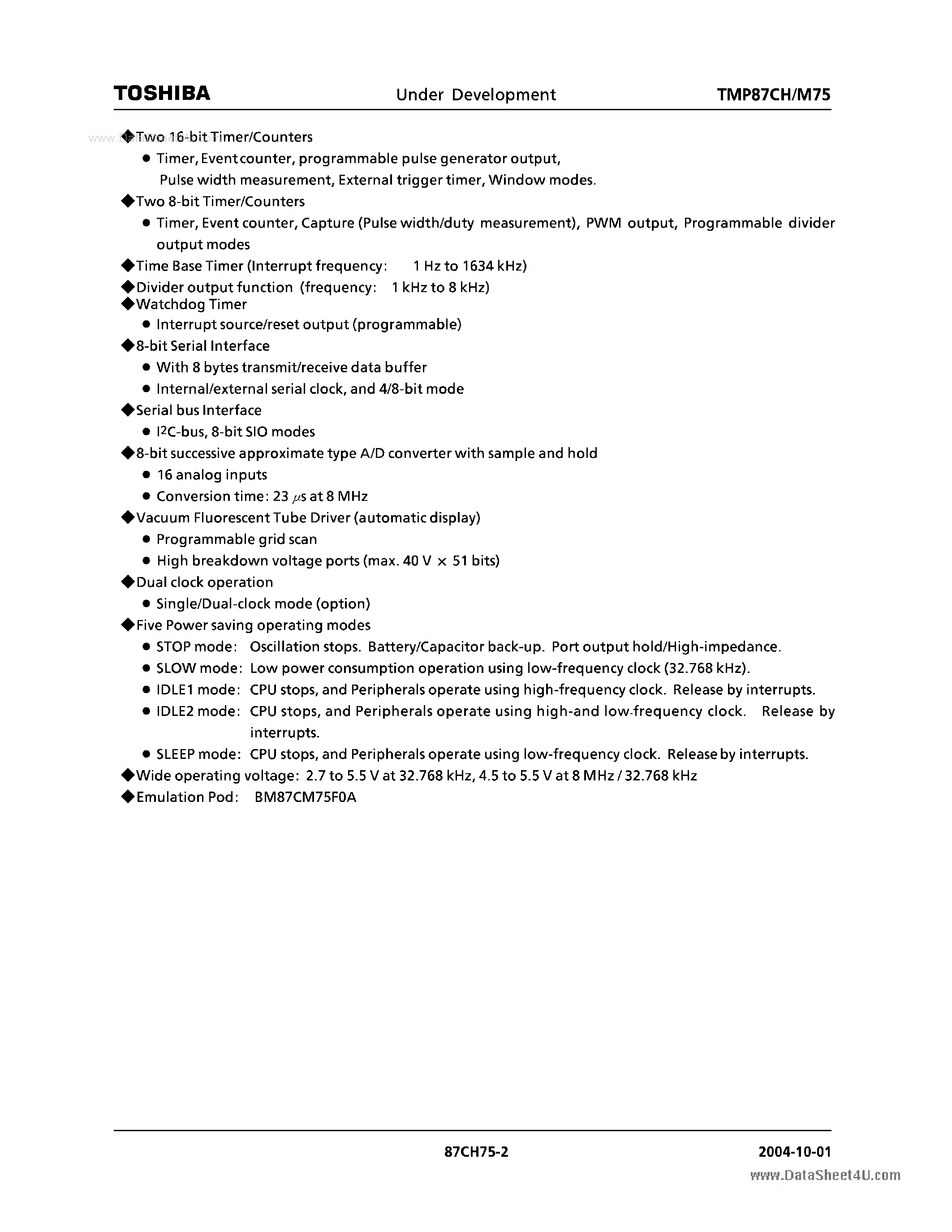 Datasheet TMP87CH75F page 2 Datasheet TMP87CH75F - CMOS 8-BIT MICROCONTROLLER page 2
