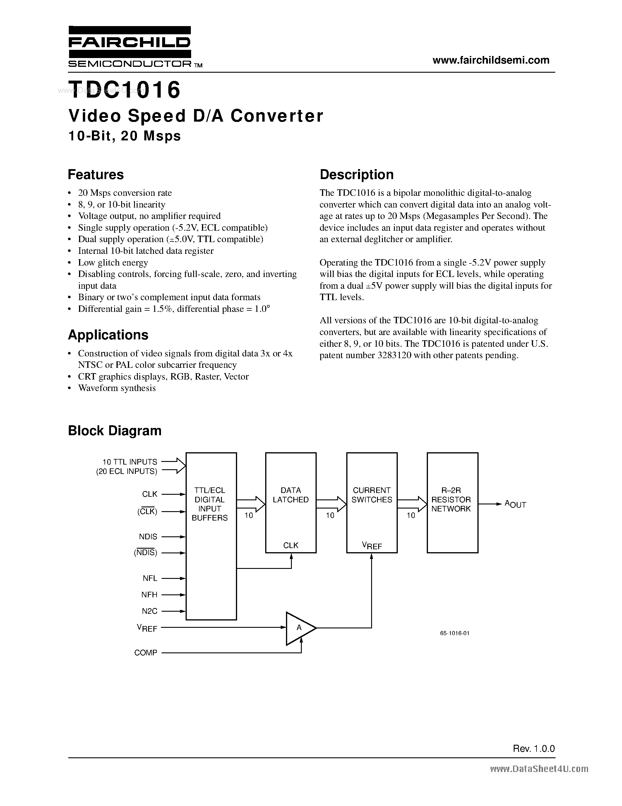 Datasheet TDC1016 page 1 Datasheet TDC1016 - Video Speed D/A Converter page 1