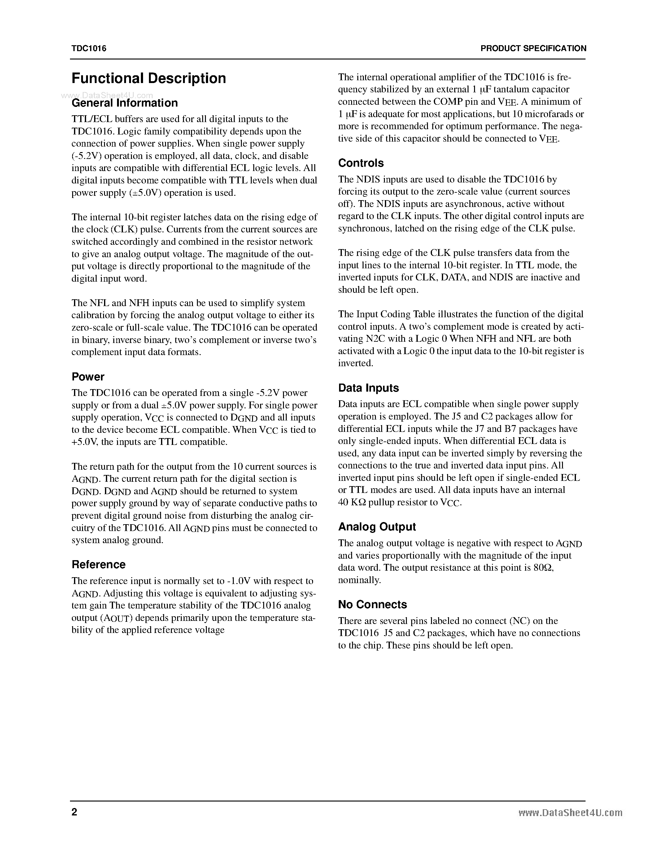 Datasheet TDC1016 page 2 Datasheet TDC1016 - Video Speed D/A Converter page 2