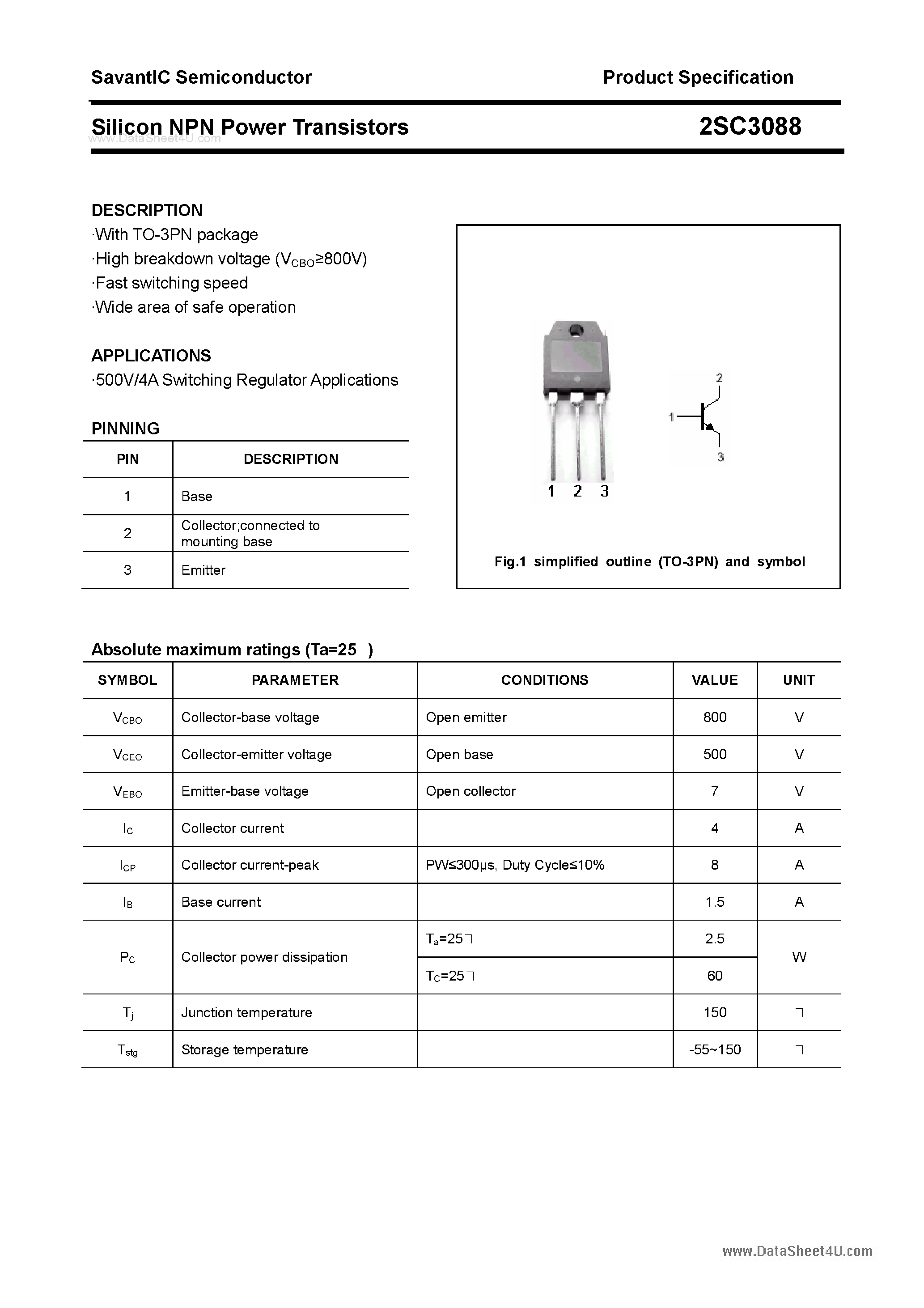 Datasheet 2SC3088 page 1 Datasheet 2SC3088 - SILICON POWER TRANSISTOR page 1