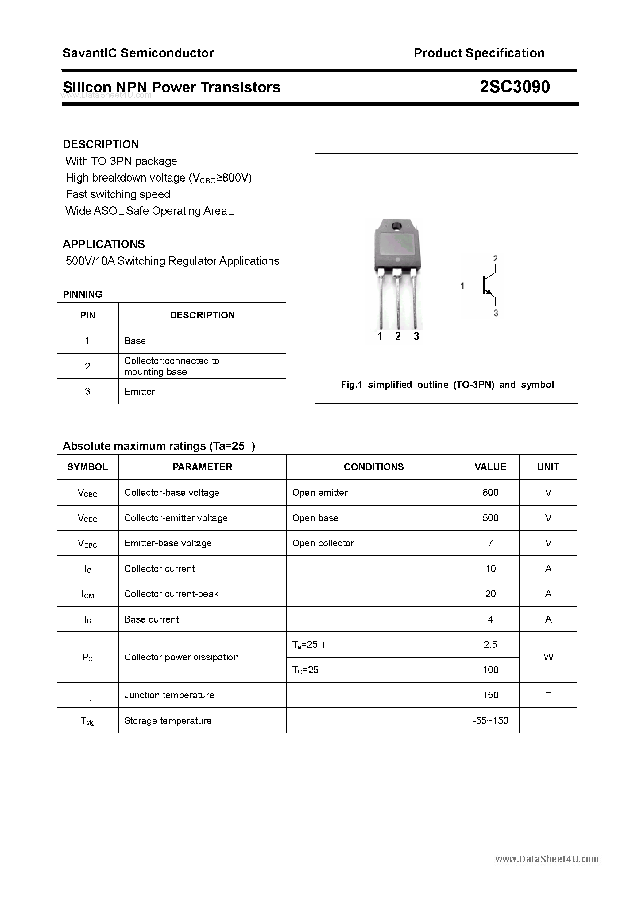 Datasheet 2SC3090 - SILICON POWER TRANSISTOR page 1