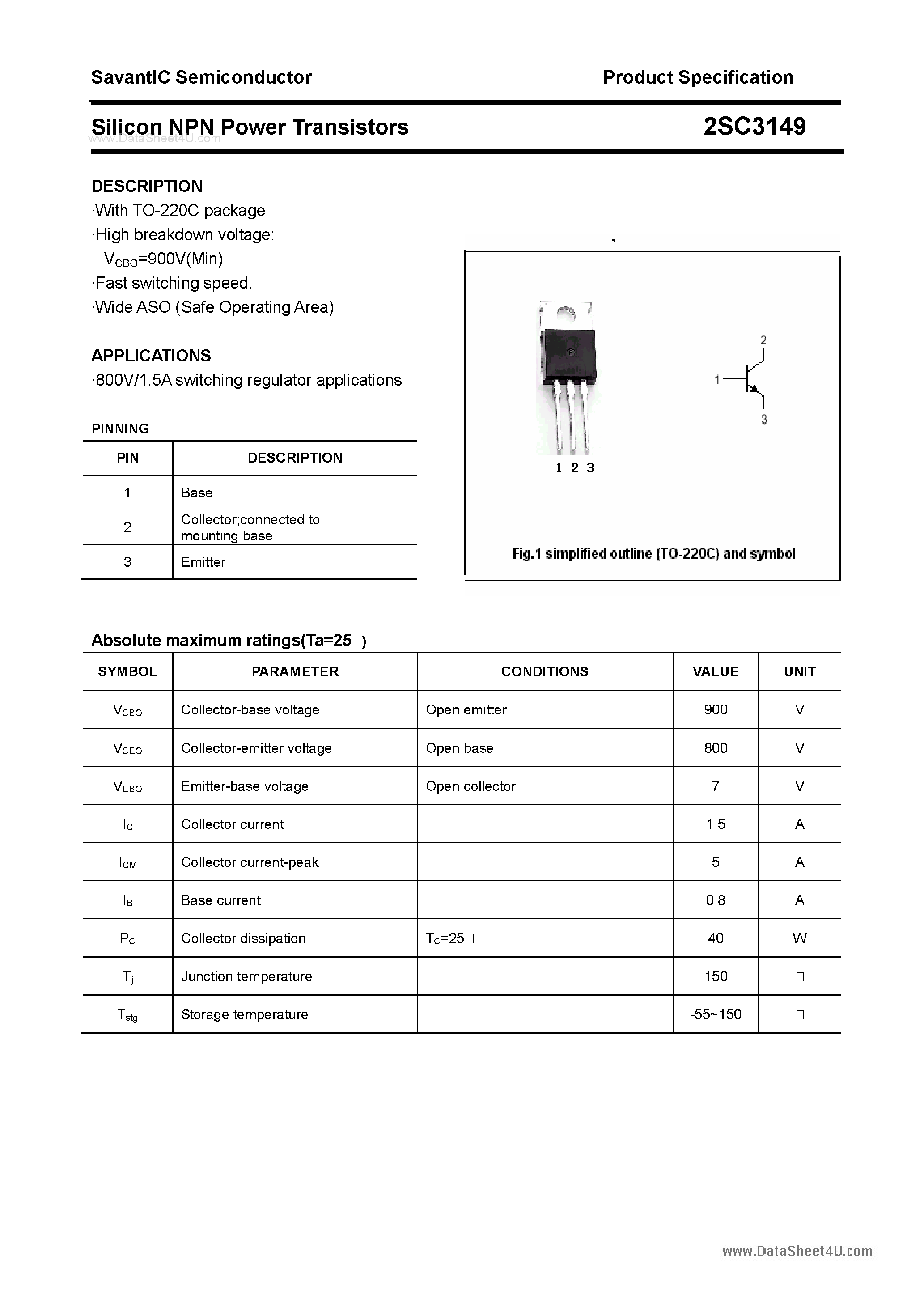 Datasheet 2SC3149 - SILICON POWER TRANSISTOR page 1