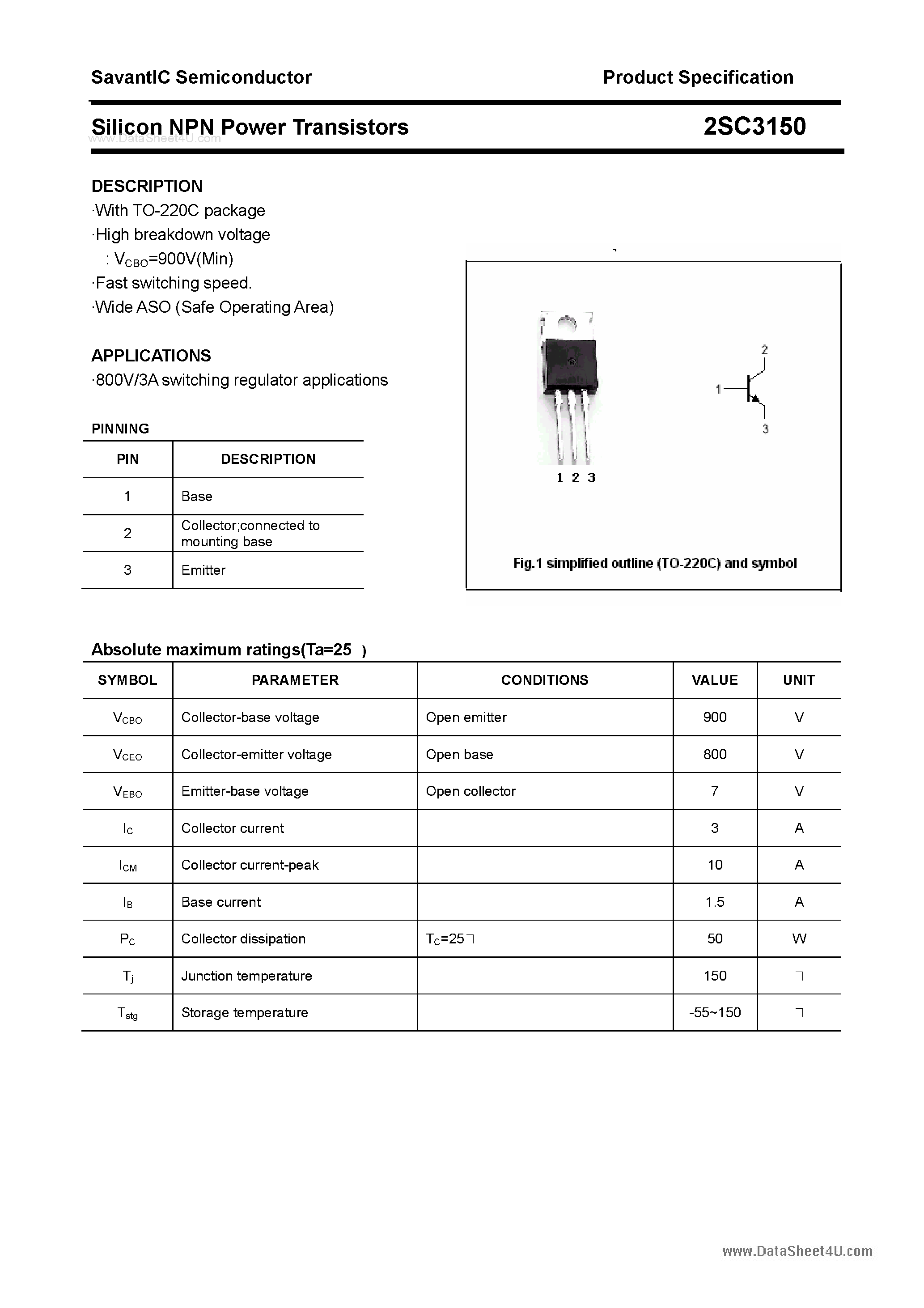 Datasheet 2SC3150 - SILICON POWER TRANSISTOR page 1