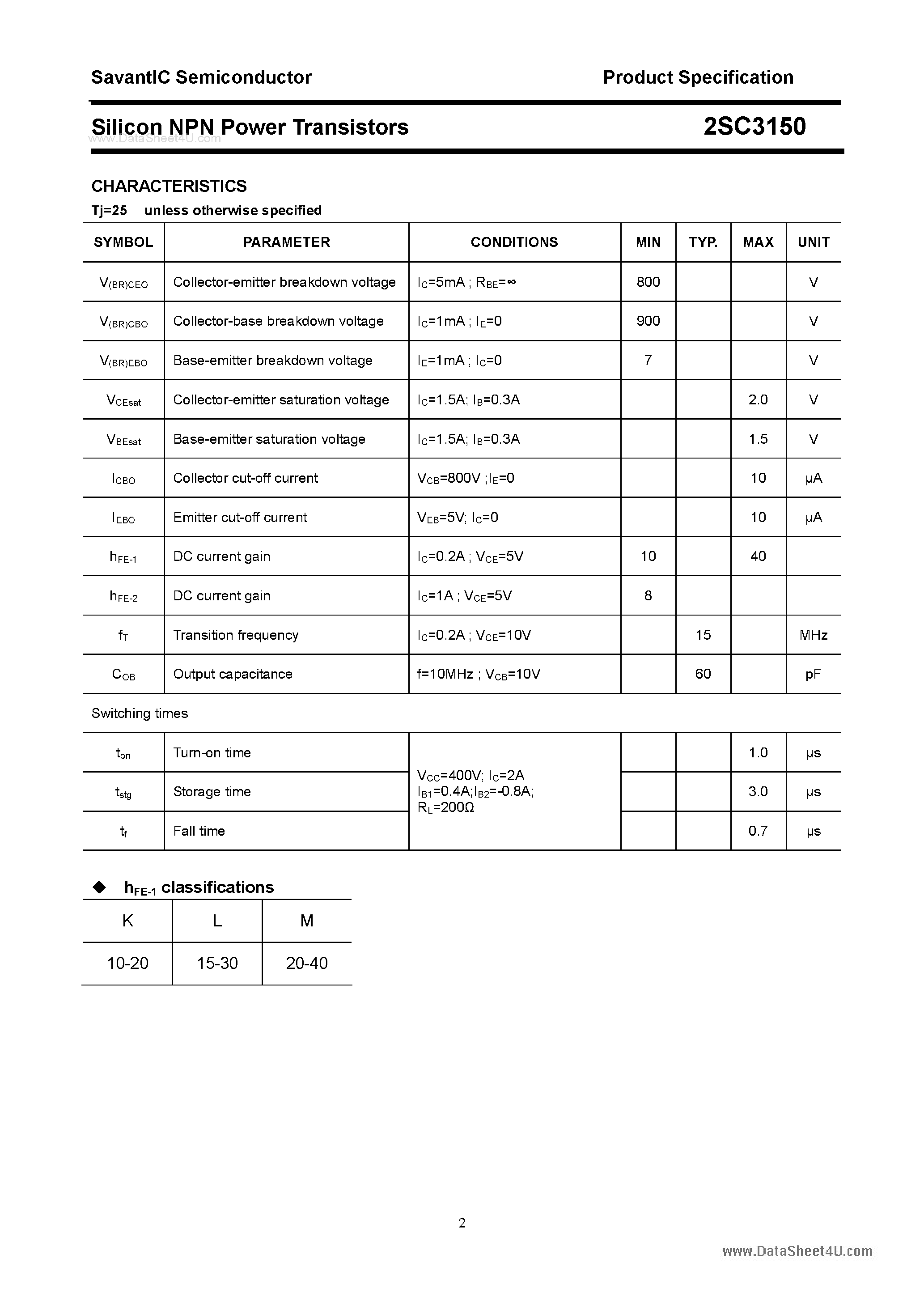 Datasheet 2SC3150 - SILICON POWER TRANSISTOR page 2