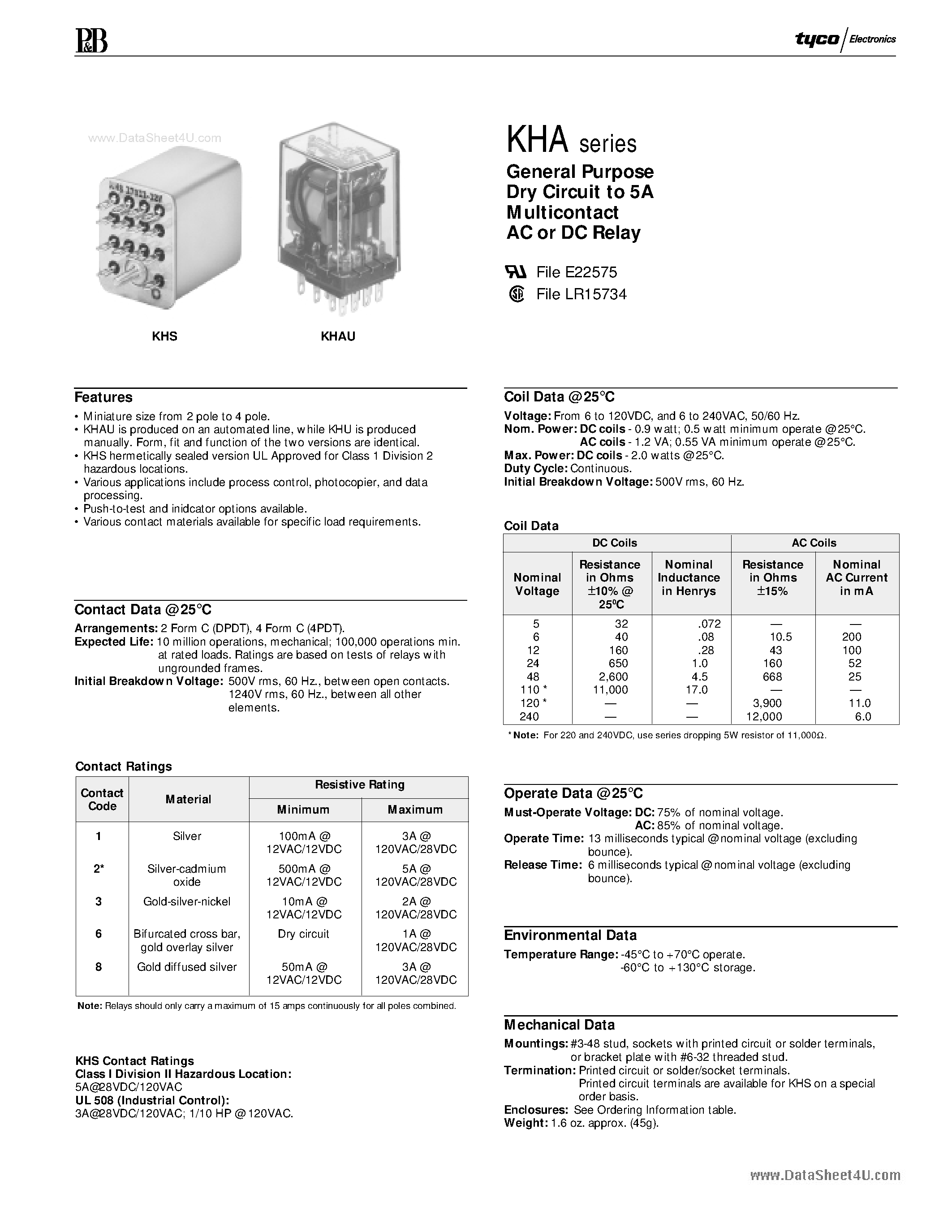 Даташит KHS-xxx - General Purpose Dry Circuit to 5A Multicontact AC or DC Relay страница 1