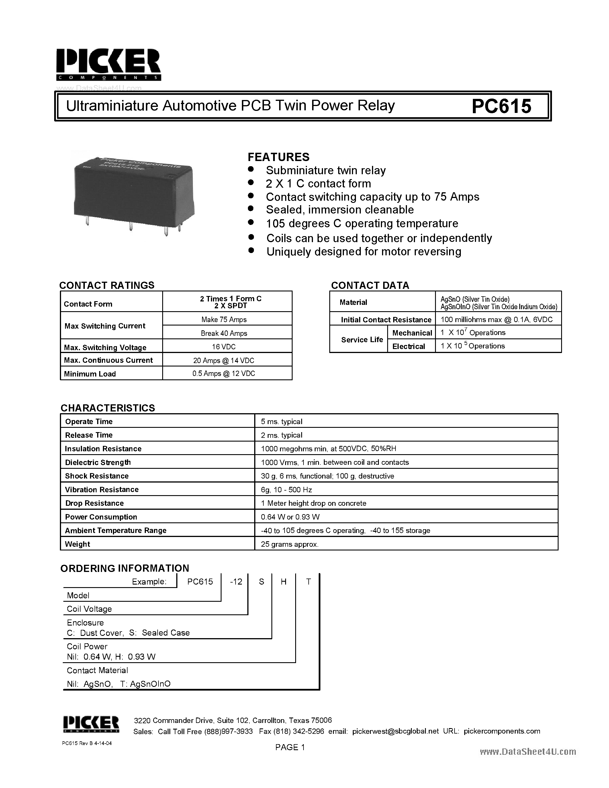 Datasheet PC615 - Ultraminiature Automotive PCB Twin Power Relay page 1