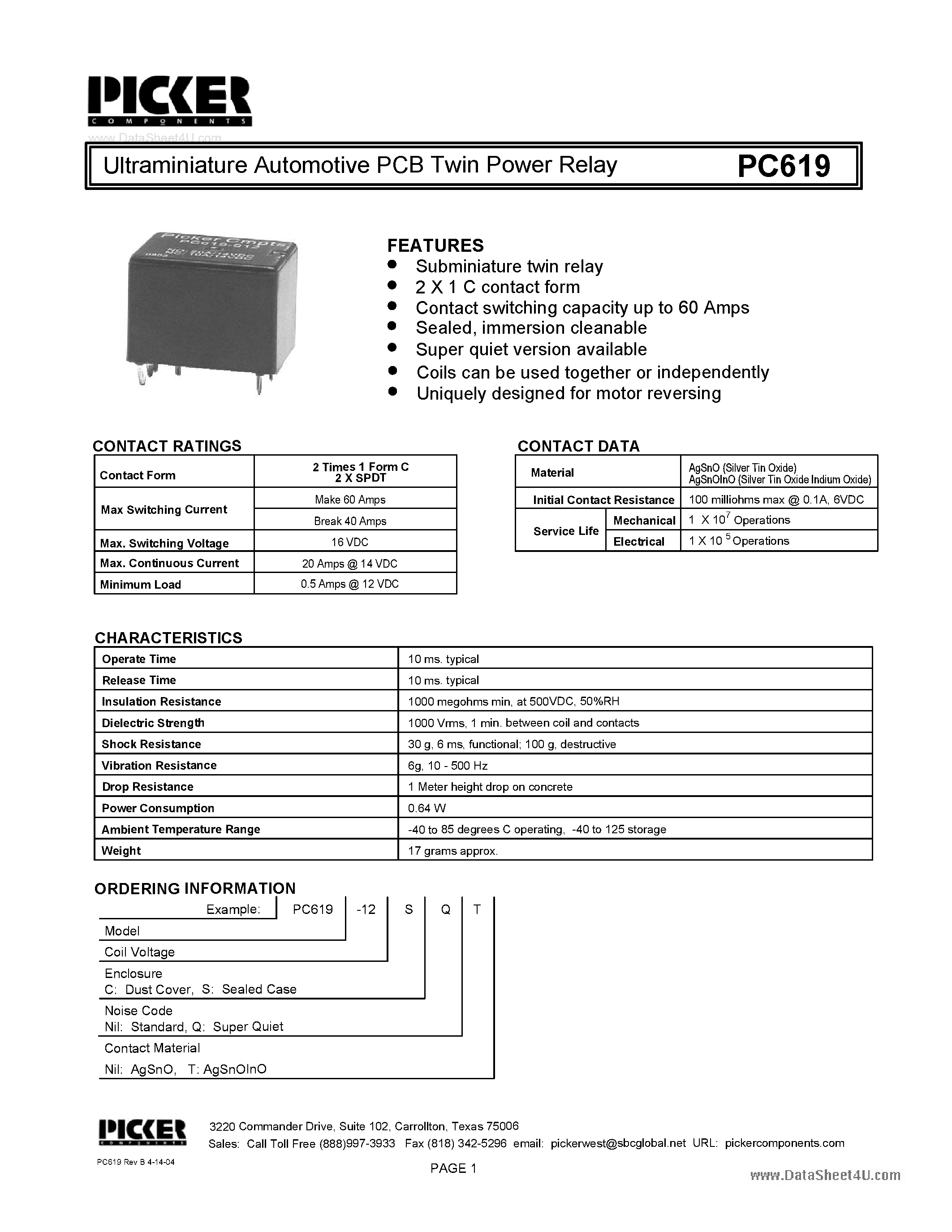 Datasheet PC619 - Ultraminiature Automotive PCB Twin Power Relay page 1