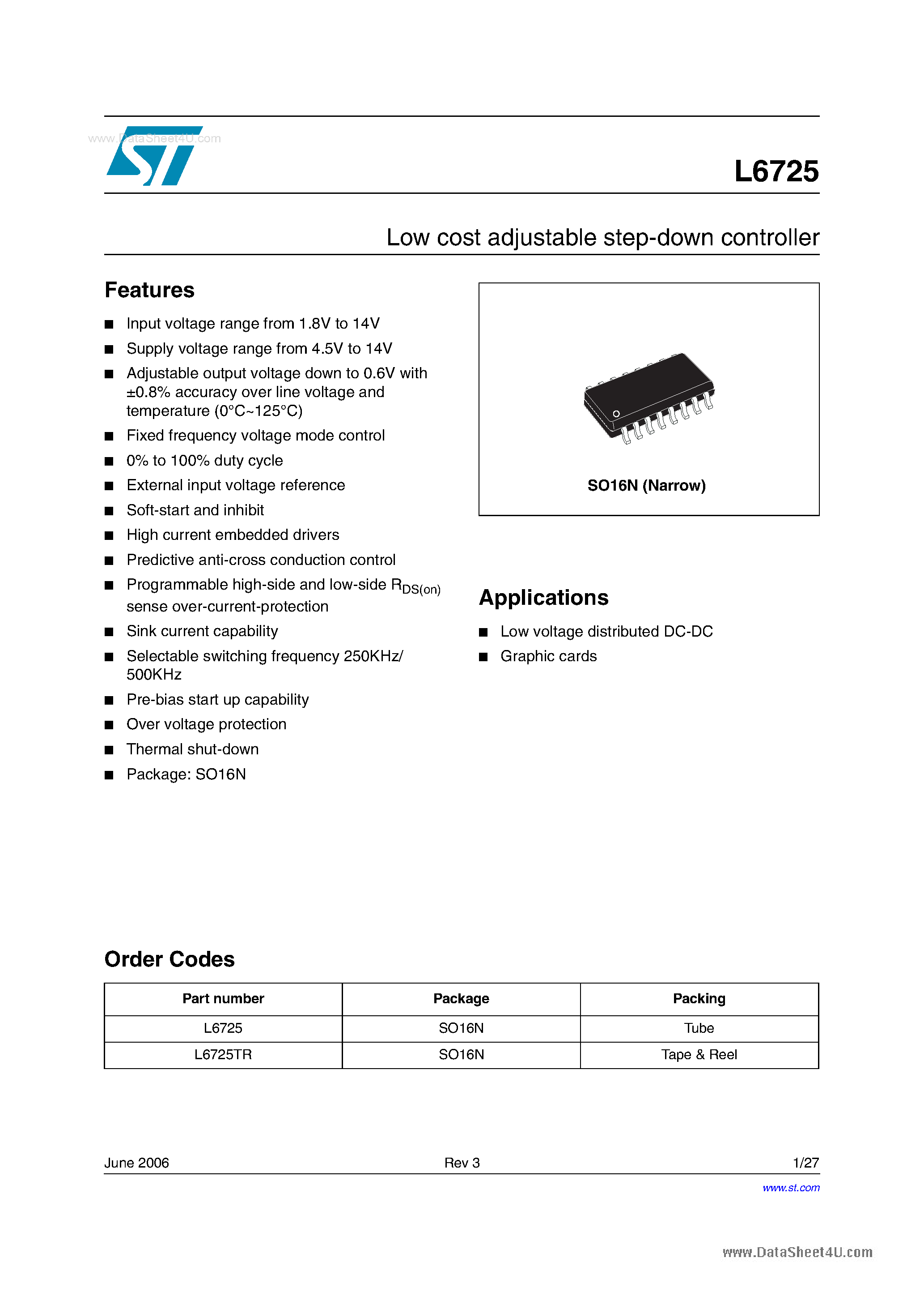 Даташит на микросхему L6725 страница 1 Даташит L6725 - Low cost adjustable step-down controller страница 1