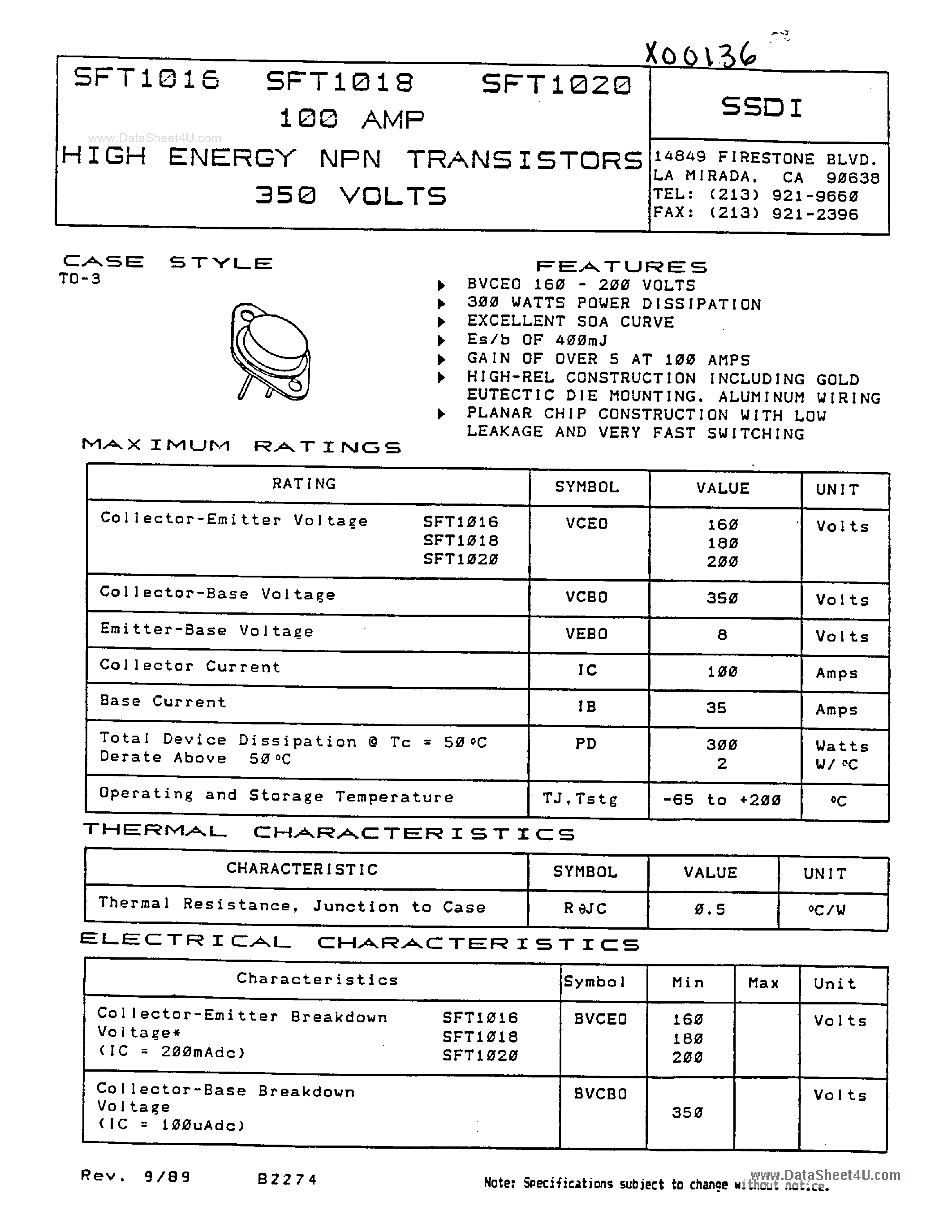Datasheet SFT1016 - (SFT1016 - SFT1020) 100 amp HIGH ENERGY NPN TRANSISTORS page 1
