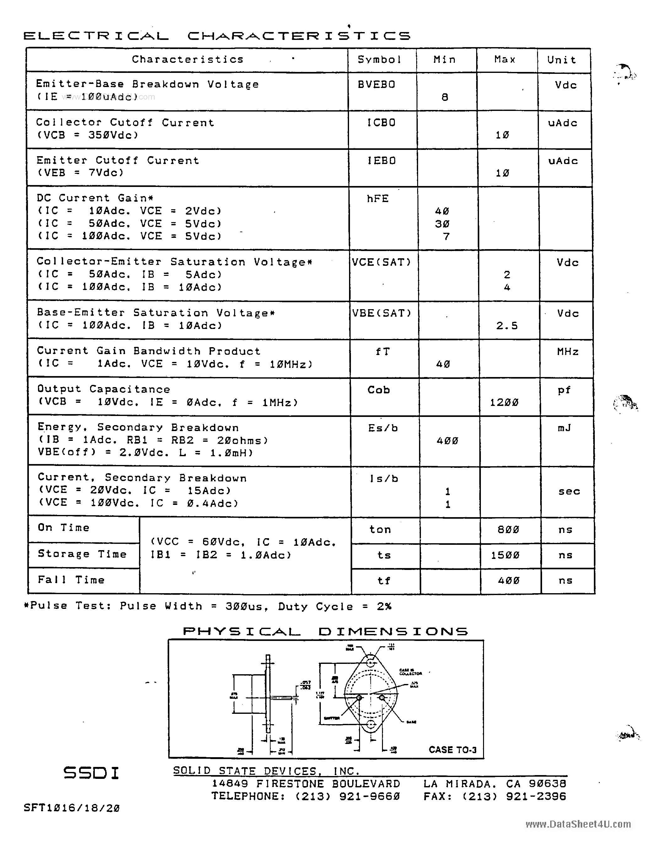 Datasheet SFT1016 - (SFT1016 - SFT1020) 100 amp HIGH ENERGY NPN TRANSISTORS page 2