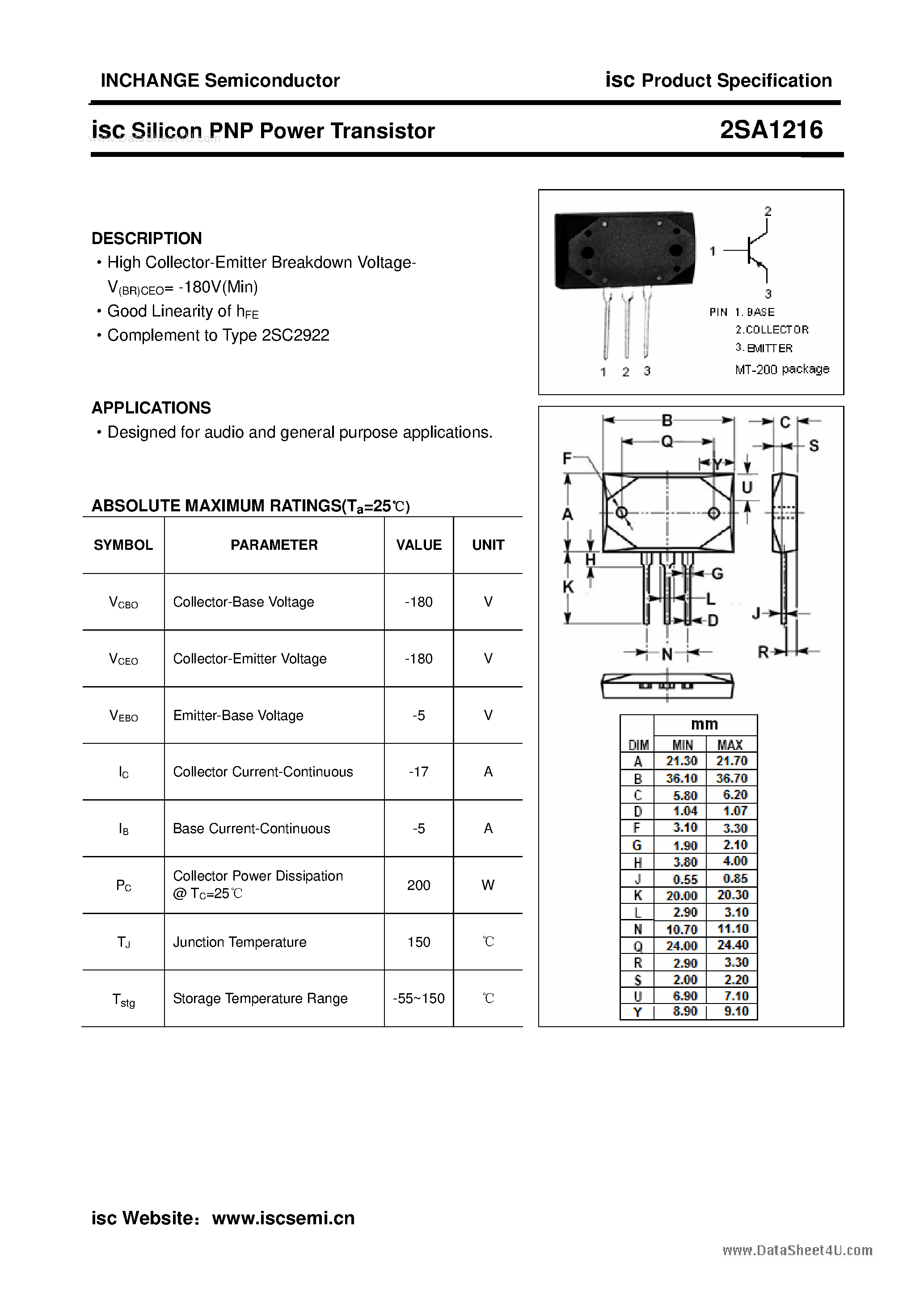 Datasheet 2SA1216 - Silicon PNP Power Transistor page 1