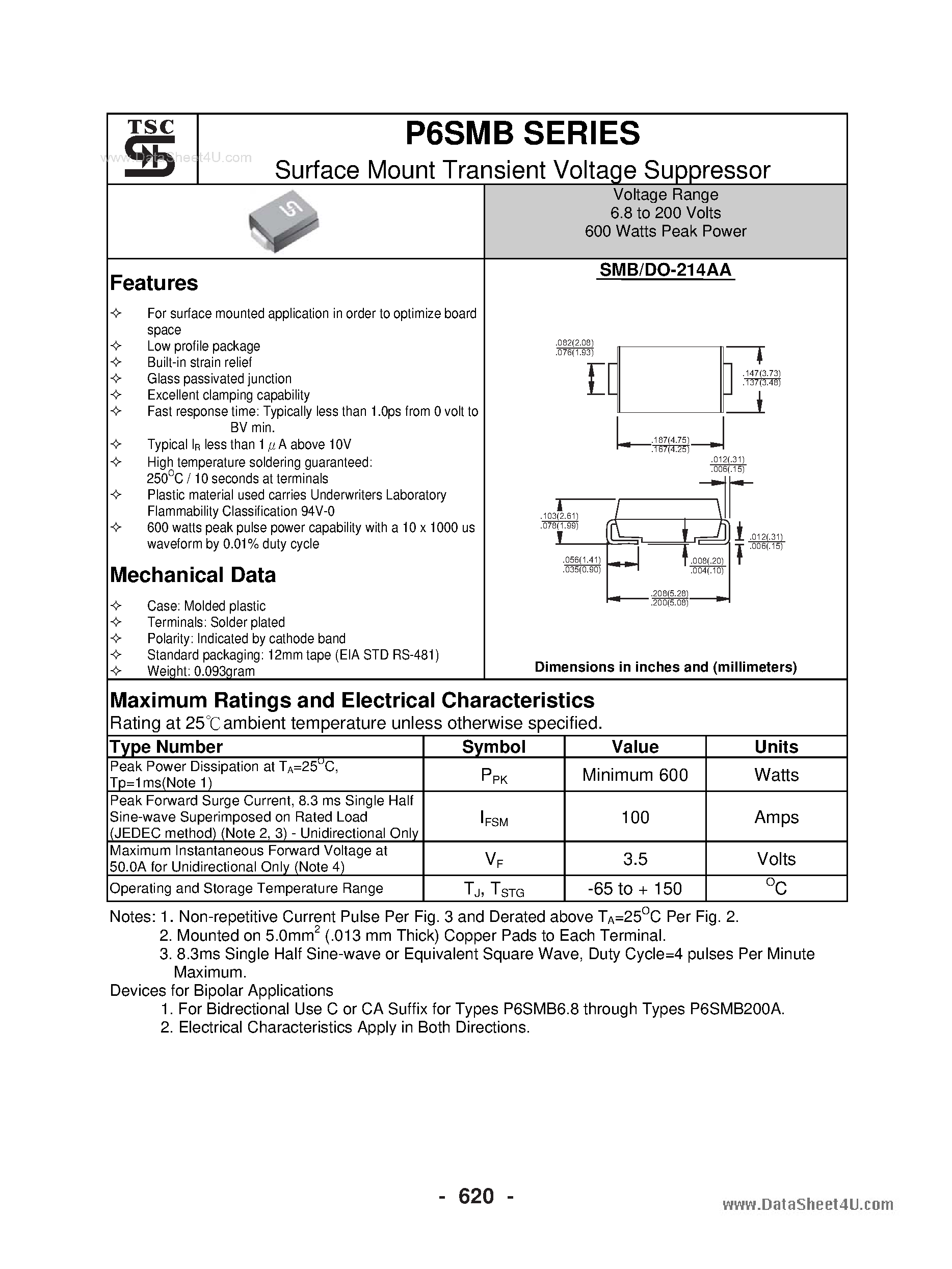 Datasheet P6SMB - Surface Mount Transient Voltage Suppressor page 1