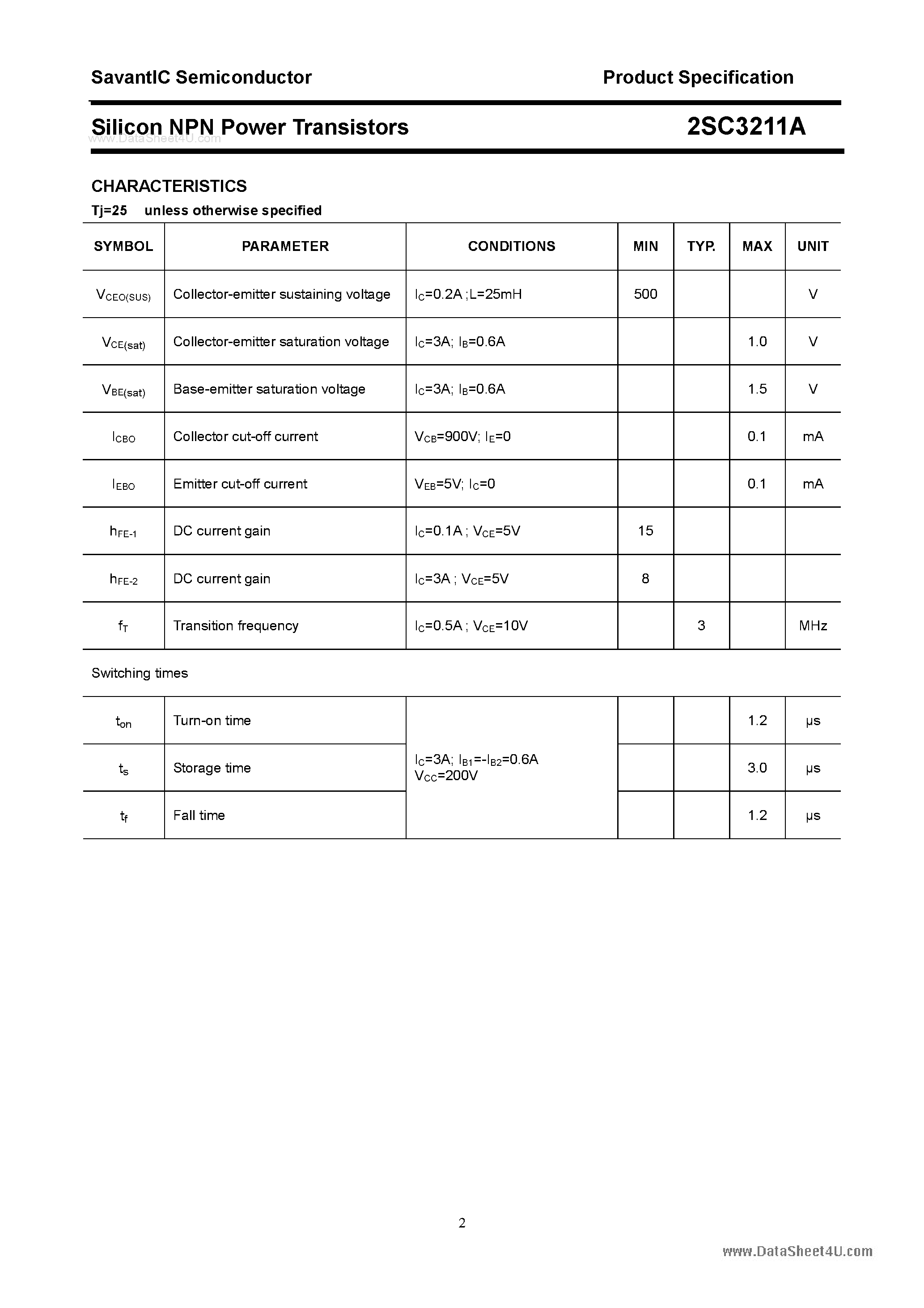 Datasheet 2SC3211A page 2 Datasheet 2SC3211A - SILICON POWER TRANSISTOR page 2