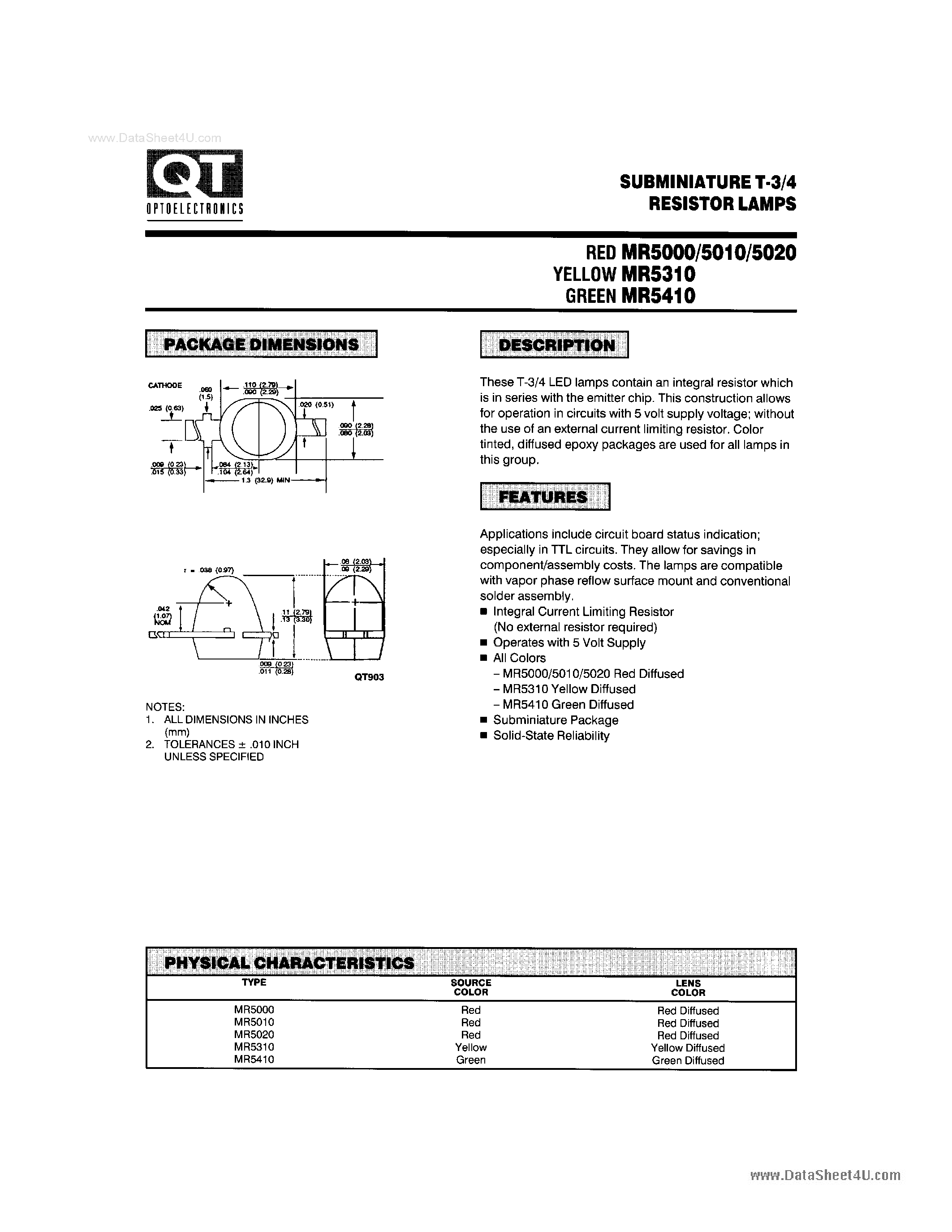 Даташит MR5000 - (MR5xxx) SUBMINIATURE T-3/4 RESISTOR LAMPS страница 1