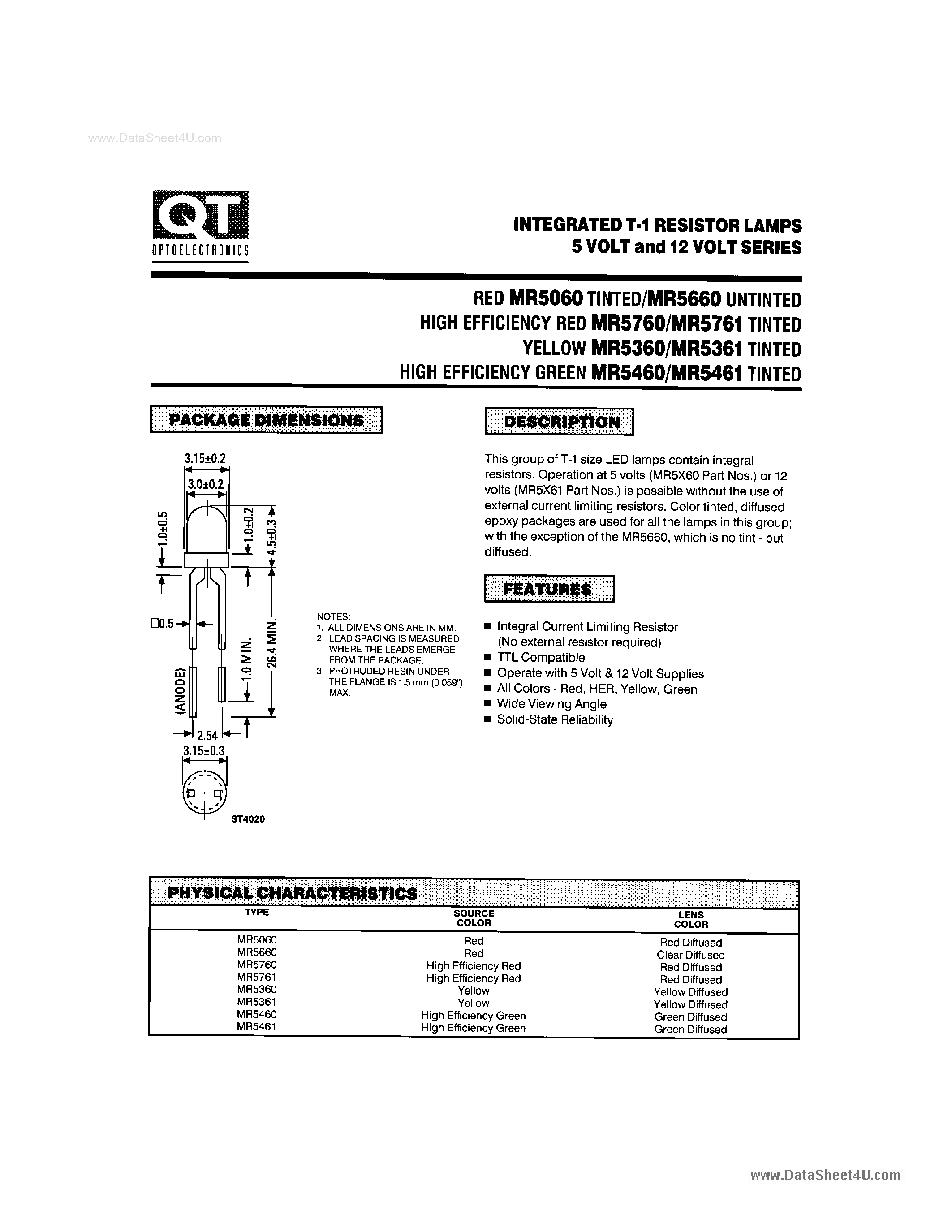 Даташит MR5361 - (MR5xxx) INTEGRATED T-1 RESISTOR LAMPS 5 VOLT AND 12 VOLT SERIES страница 1