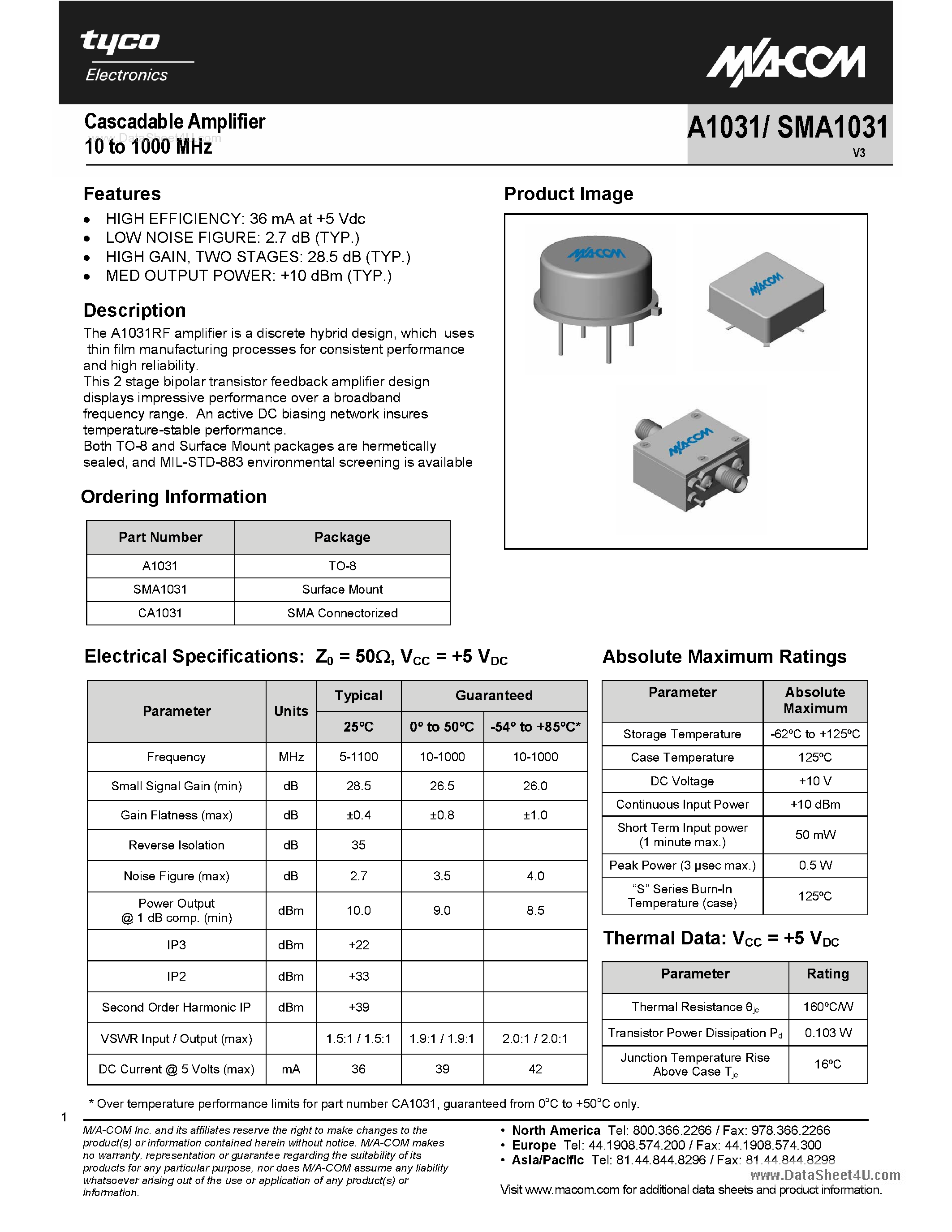 Даташит на микросхему CA1031 страница 1 Даташит CA1031 - Cascadable Amplifier 10 to 1000 MHz страница 1